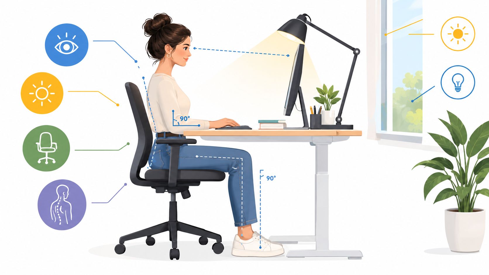 Eine Frau sitzt in ergonomischer Haltung an einem modernen Schreibtisch mit guter Beleuchtung und Bildschirmabstand.