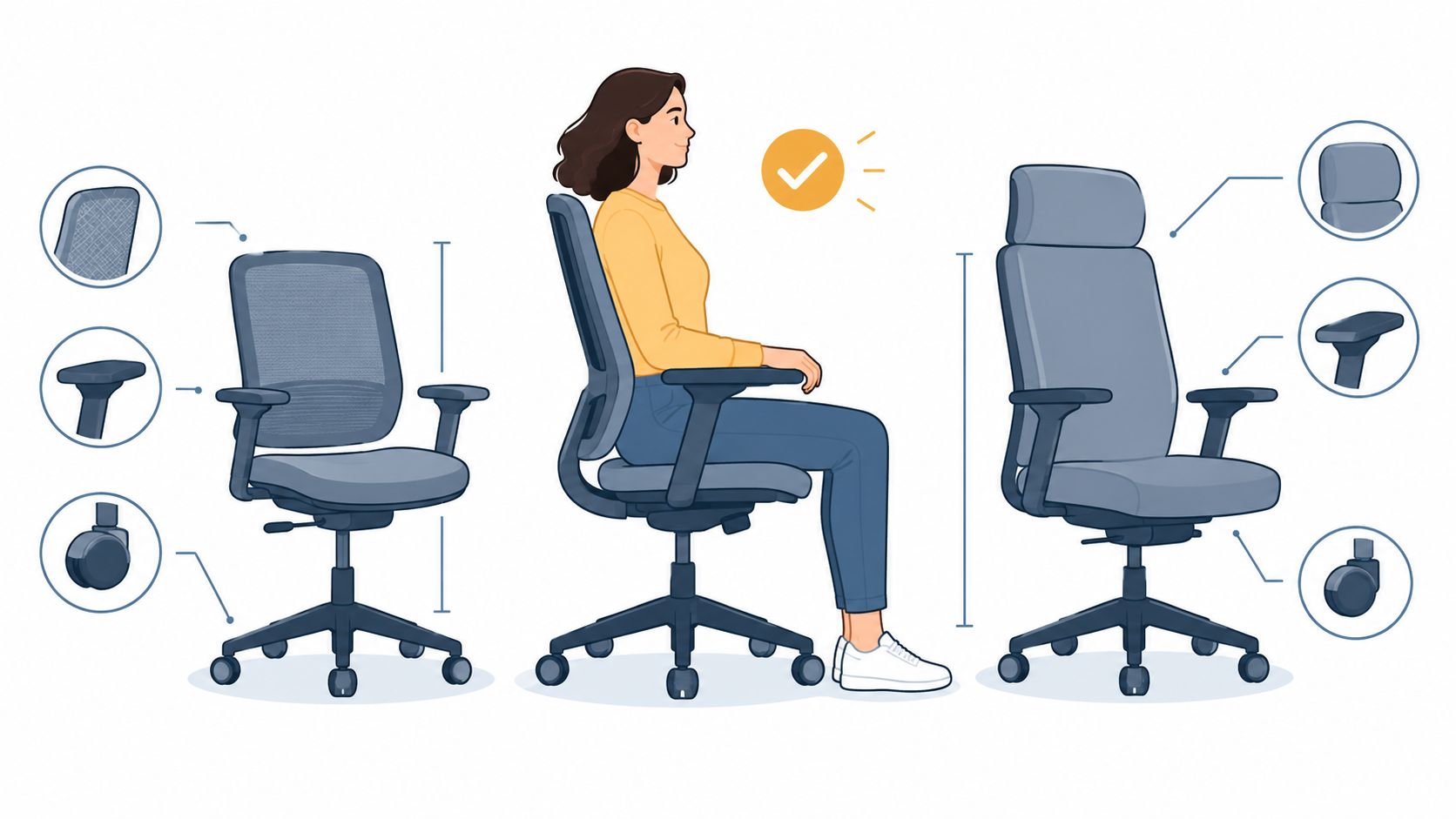 Eine Frau sitzt aufrecht auf einem ergonomischen Bürostuhl mit detaillierten Darstellungen der verschiedenen Einstellungsoptionen für mehr Komfort.
