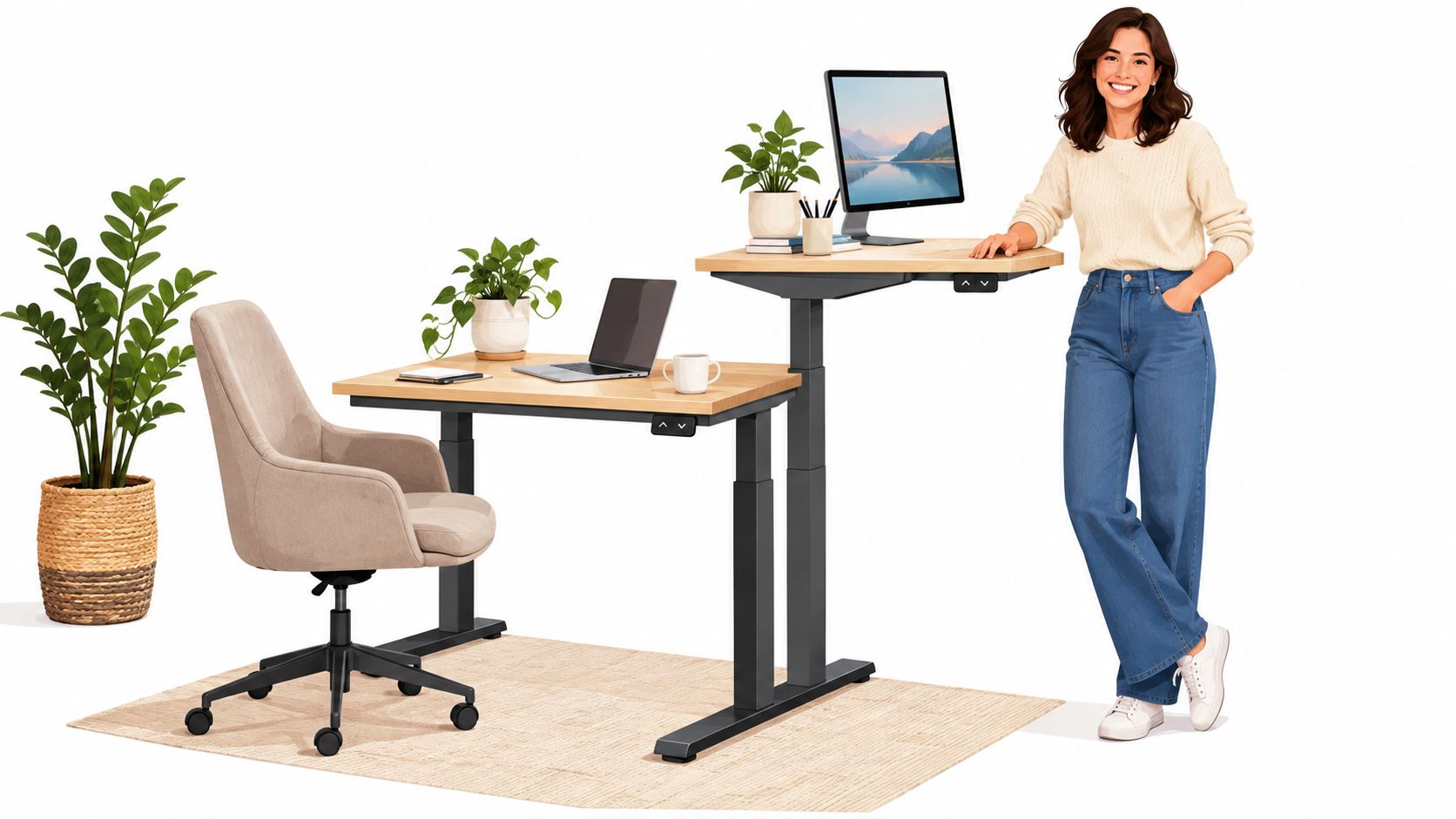 Eine lächelnde Frau lehnt an einem modernen, höhenverstellbaren Schreibtisch neben einem weiteren Tisch mit Laptop und Stuhl.