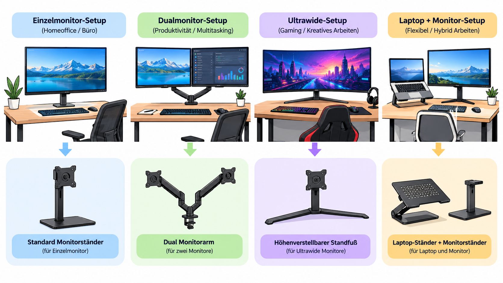 Übersicht verschiedener Monitor-Setups und passender Halterungen für ergonomisches Arbeiten am Schreibtisch in einer grafischen Darstellung.