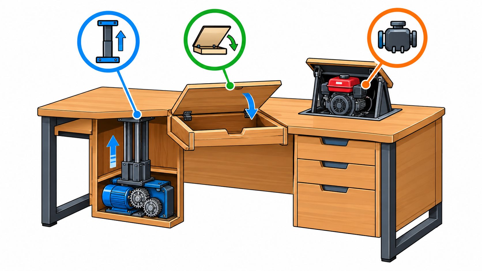 Eine technische Illustration zeigt einen Schreibtisch mit integrierten mechanischen Systemen für eine höhenverstellbare Tischplatte und ein Motorfach.