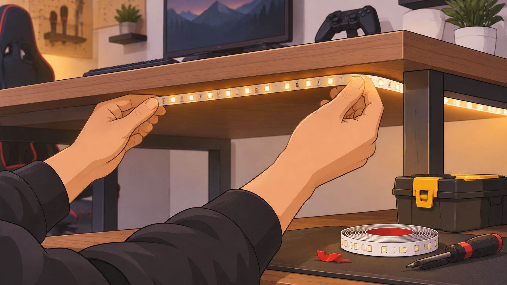 Eine Person befestigt ein leuchtendes LED-Lichtband unter der Tischplatte eines modernen Gaming-Tisches in einem beleuchteten Zimmer.