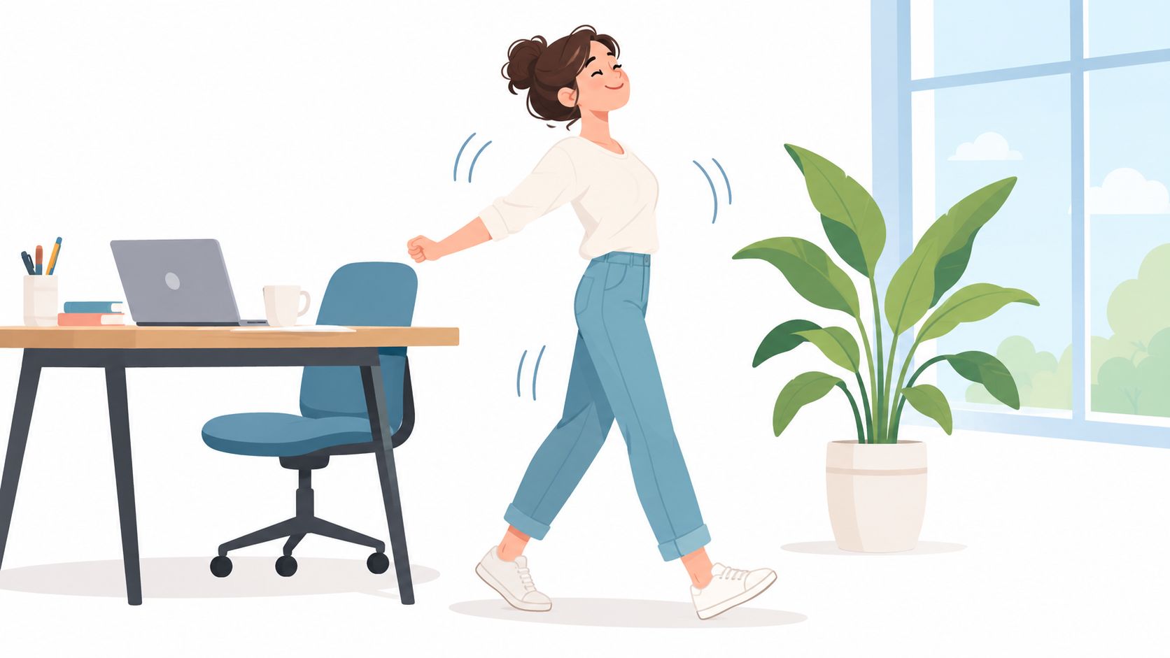 Eine entspannte Frau im Homeoffice steht von ihrem Schreibtisch auf und streckt sich zur Erholung.