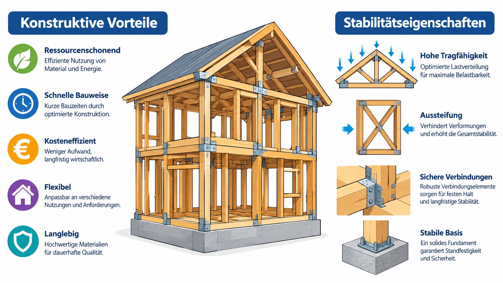Eine anschauliche Grafik zur Holzständerbauweise mit Informationen zu konstruktiven Vorteilen und Stabilitätseigenschaften eines modernen Holzhauses.