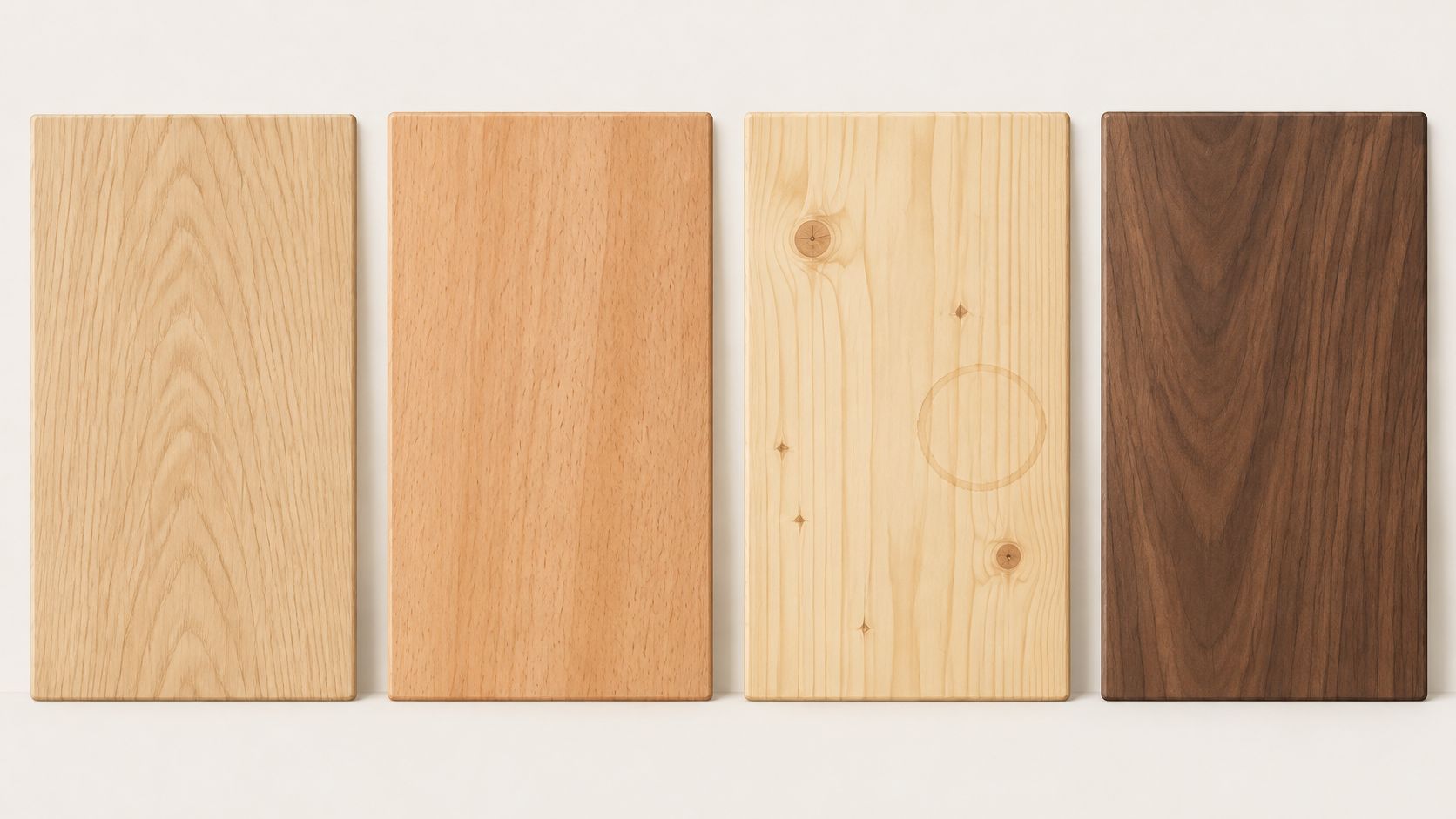 Vier verschiedene rechteckige Holzplatten in unterschiedlichen Farbtönen und Maserungen nebeneinander auf einem hellen Hintergrund platziert.