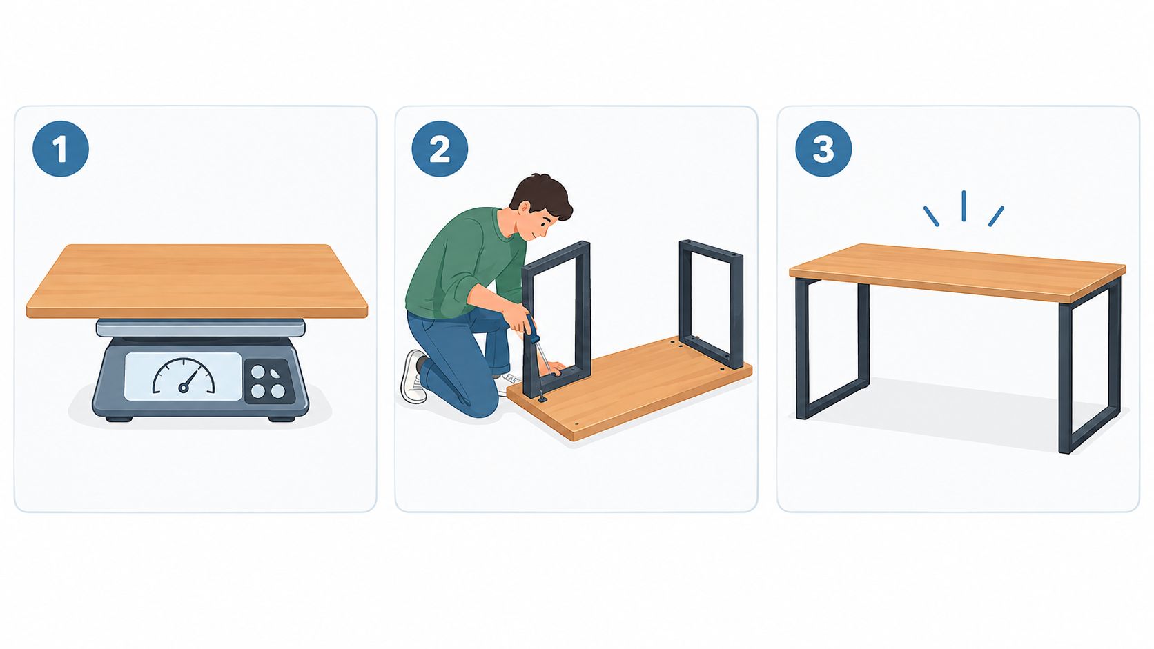 Eine Illustration zeigt, wie eine Schreibtischplatte gewogen und mit Metallbeinen zu einem fertigen Schreibtisch montiert wird.
