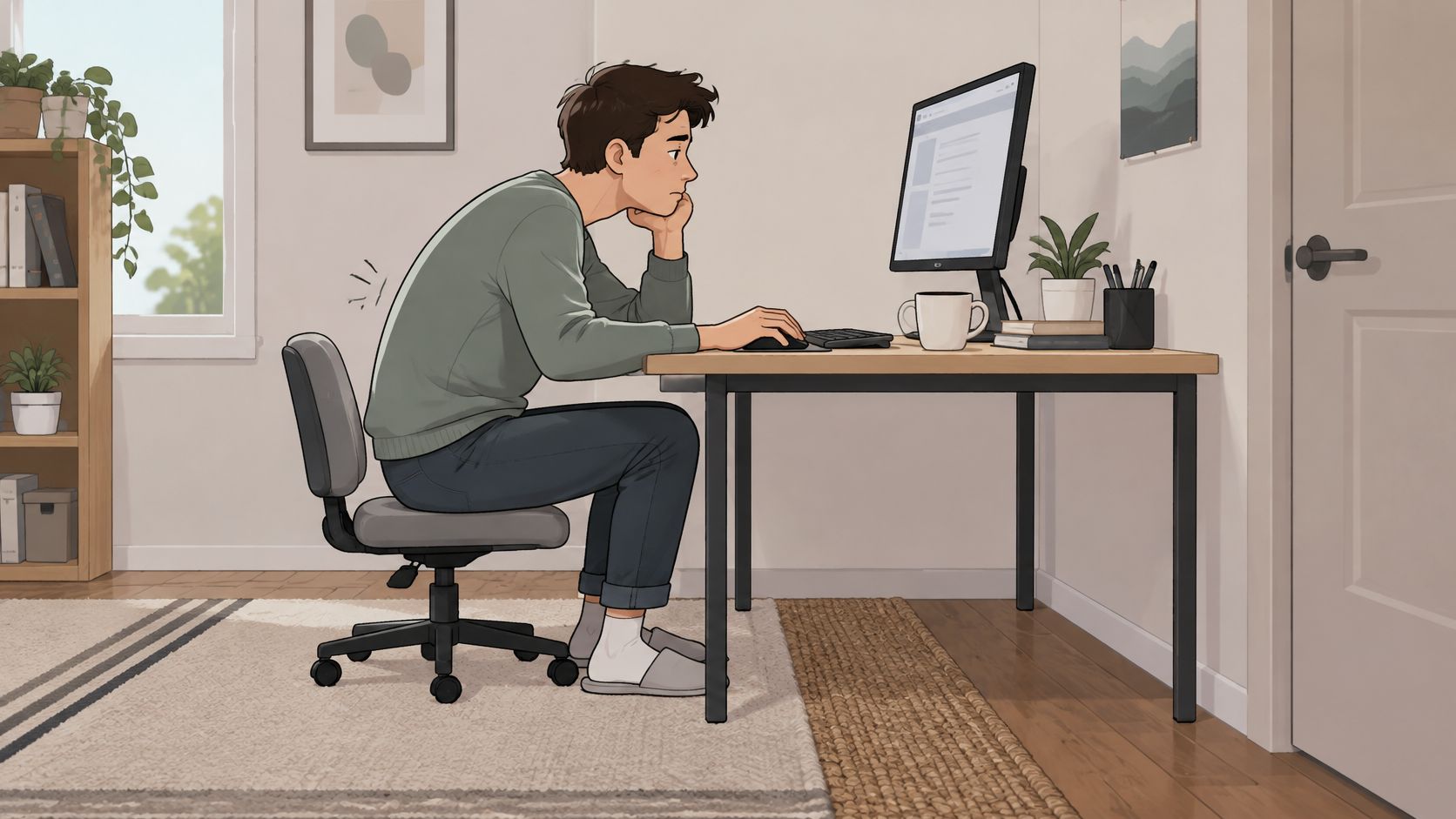 Ein junger Mann mit schlechter Körperhaltung sitzt am Schreibtisch und arbeitet konzentriert an seinem Computer zu Hause.