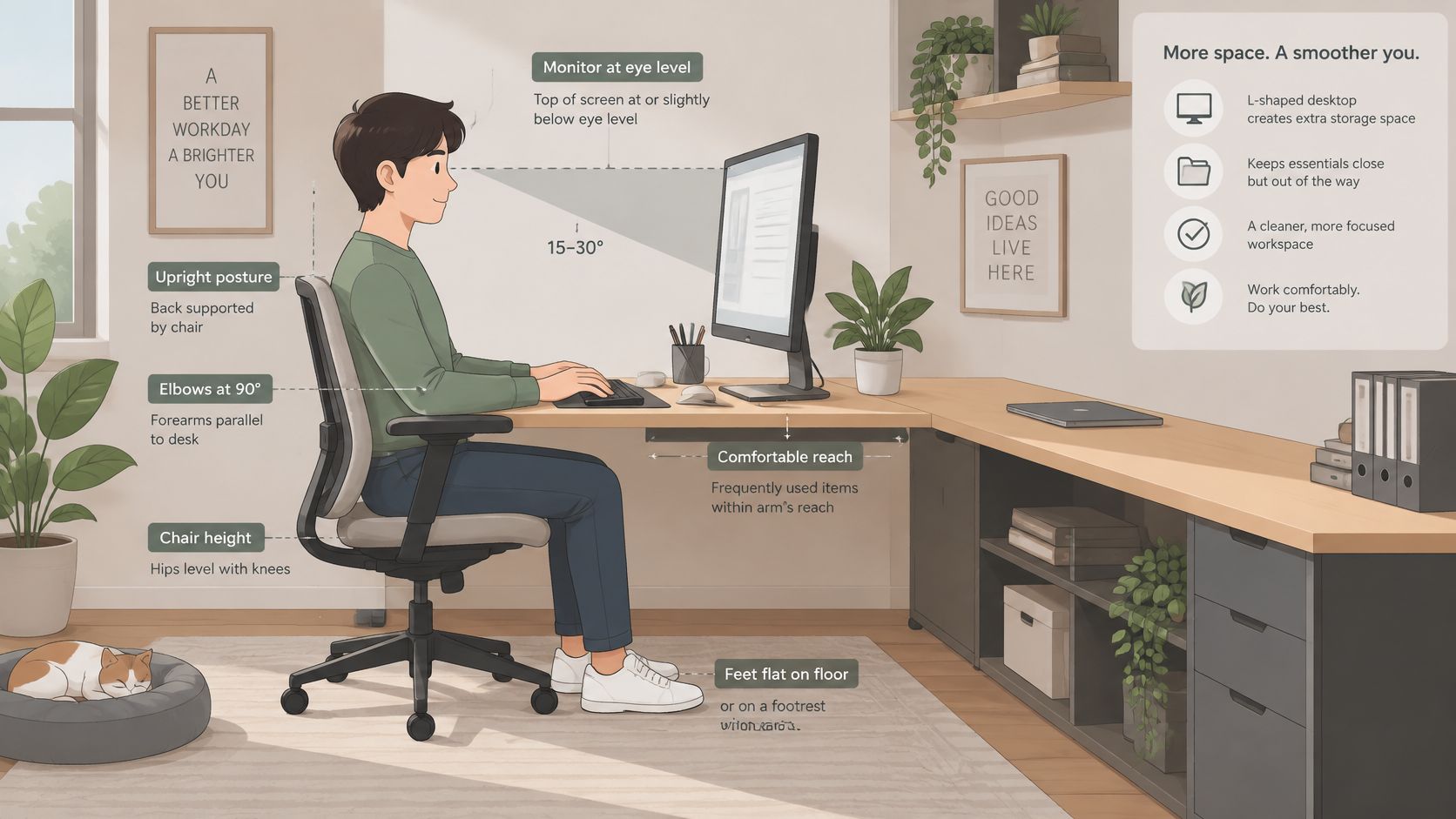 Illustration eines Mannes, der in ergonomisch korrekter Haltung an einem L-förmigen Schreibtisch arbeitet, inklusive hilfreicher Haltungstipps.
