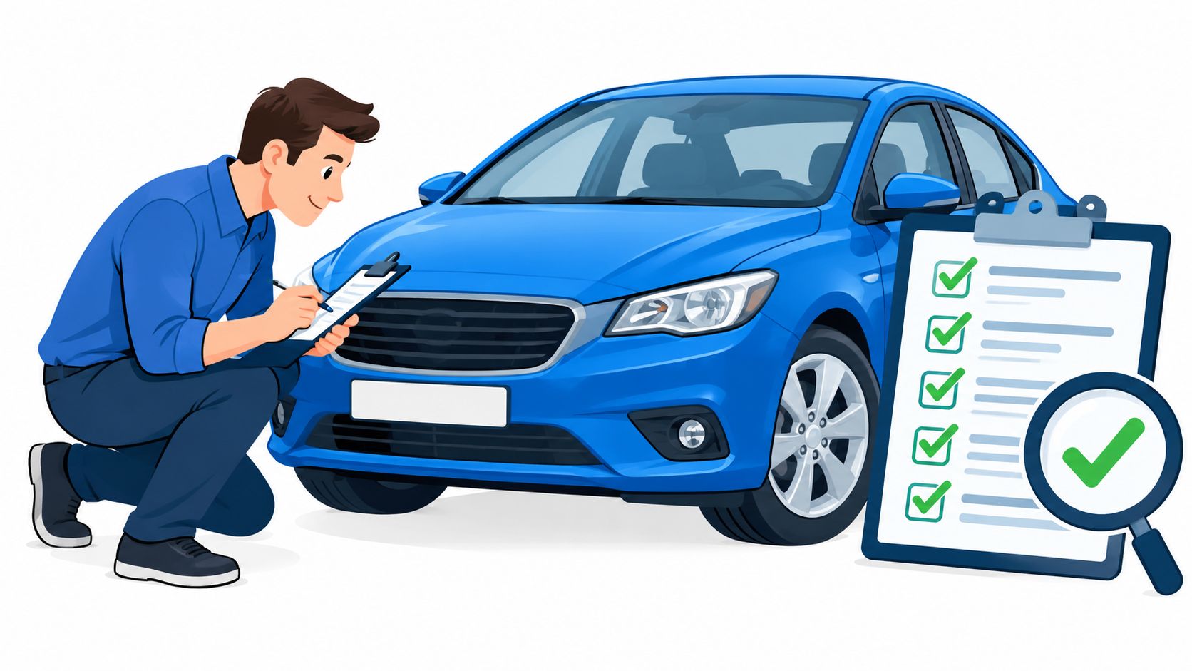 Ein Mechaniker führt eine professionelle Inspektion an einem blauen Auto durch und dokumentiert das Ergebnis auf einer Checkliste.