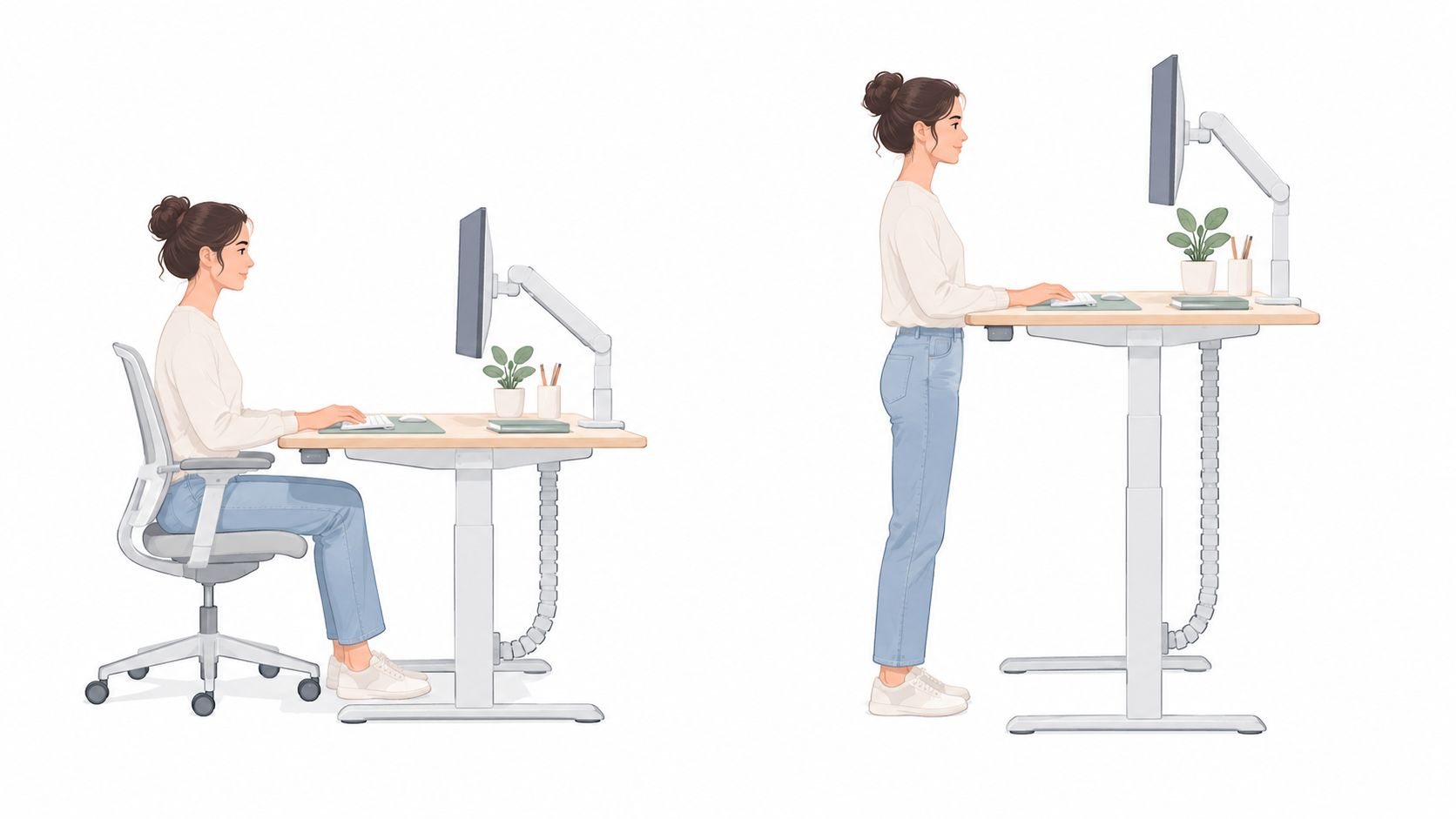 Eine Frau arbeitet an einem höhenverstellbaren Schreibtisch abwechselnd im Sitzen und im Stehen für eine ergonomische Körperhaltung.