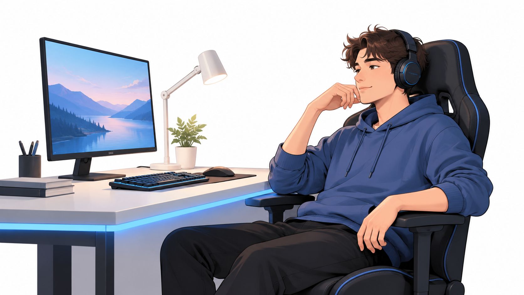Ein junger Mann mit Kopfhörern sitzt entspannt an einem modernen Gaming-Tisch mit LED-Beleuchtung und Computer.