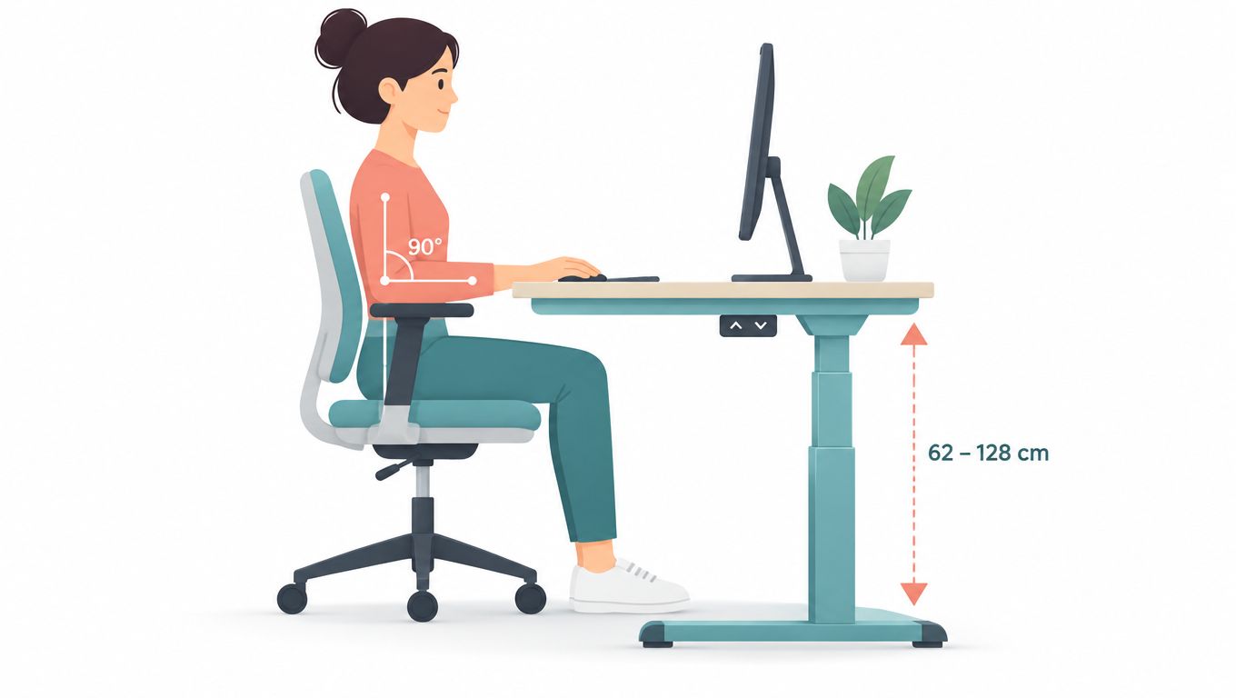 Eine Frau sitzt in ergonomisch korrekter Haltung an einem höhenverstellbaren Schreibtisch im Büro oder Homeoffice.