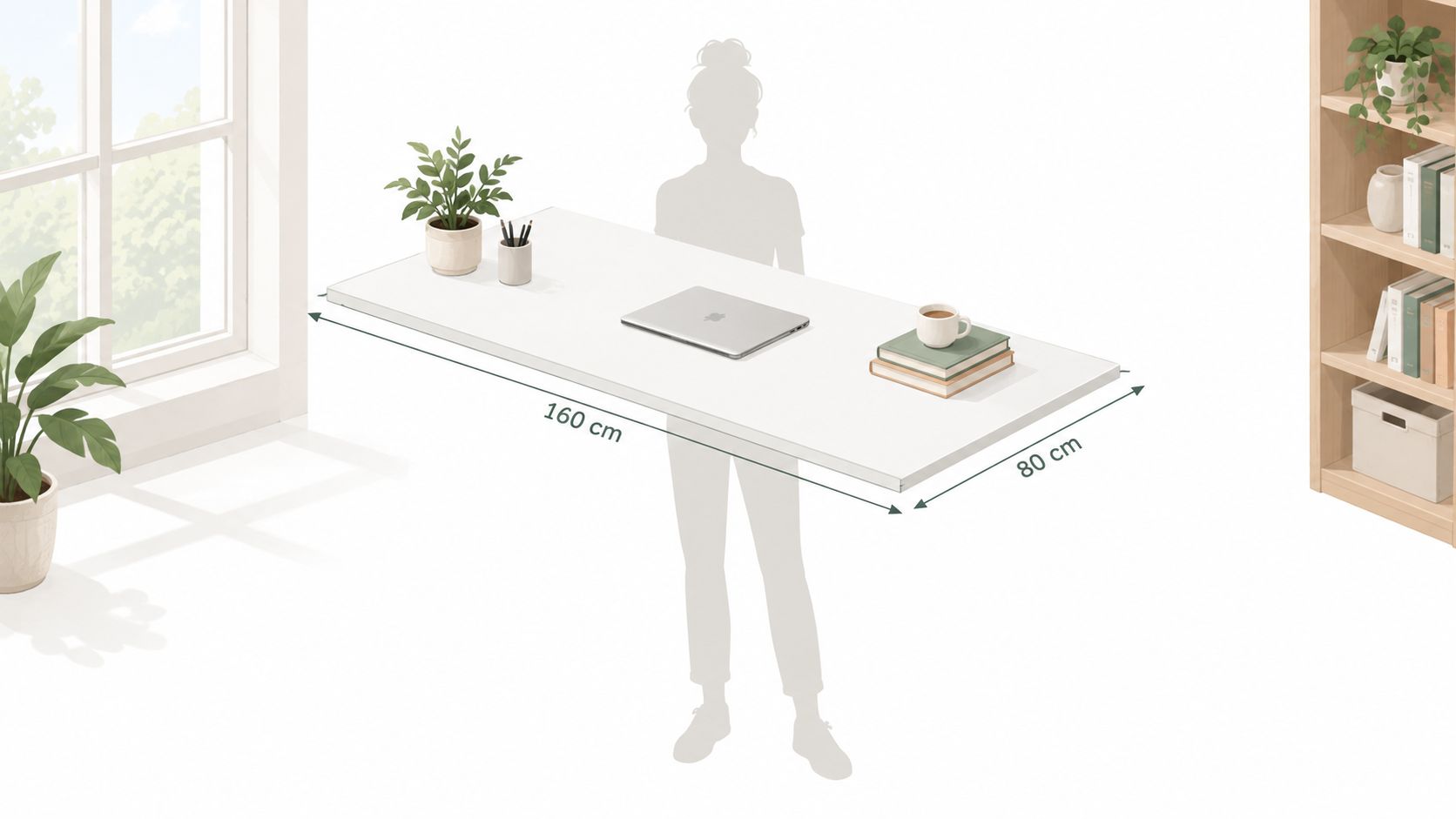 Eine weiße Schreibtischplatte mit den Maßen 160x80 cm in einem hellen, modern eingerichteten Büro mit Zimmerpflanzen.