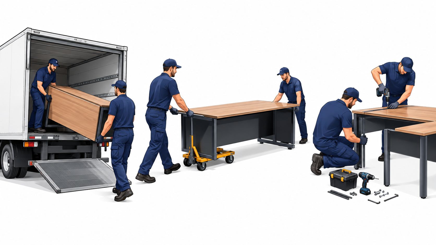 Ein Team in blauen Uniformen entlädt und montiert professionell einen großen höhenverstellbaren Büroschreibtisch aus einem Lieferwagen.