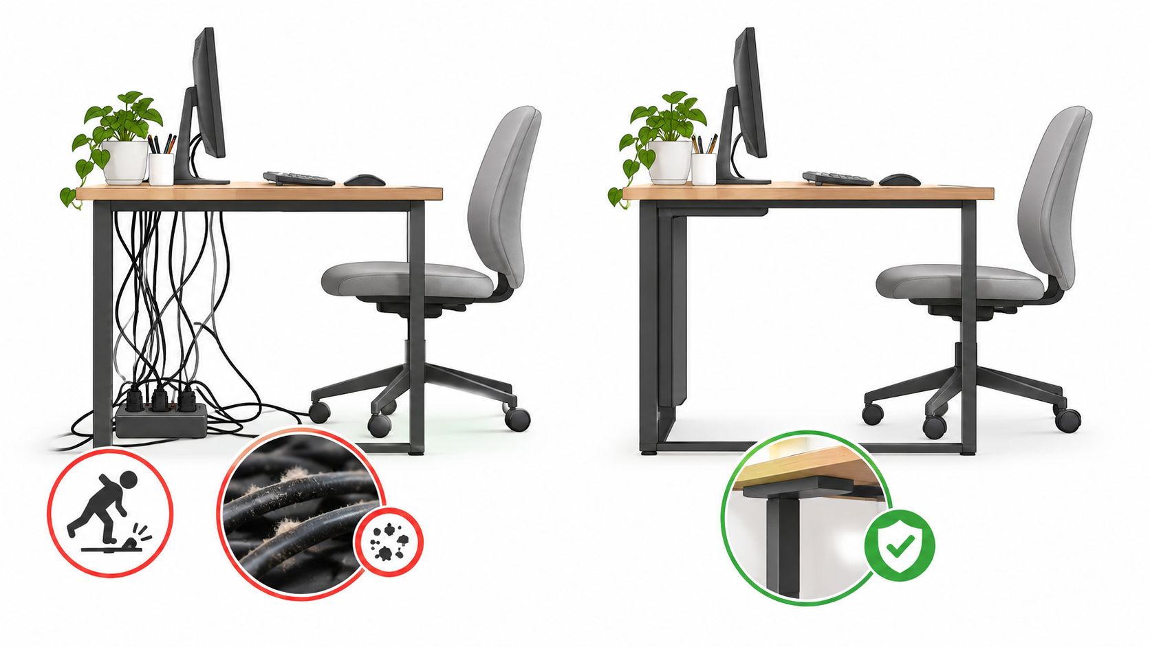 Ein Vergleichsbild zeigt einen unordentlichen Schreibtisch mit Kabelsalat und einen organisierten Schreibtisch mit integrierter Kabelführung.