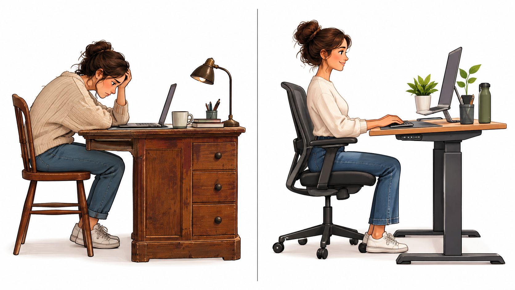 Vergleich zwischen einer ungesunden Arbeitshaltung am alten Schreibtisch und einer ergonomischen Sitzposition an einem modernen höhenverstellbaren Schreibtisch.