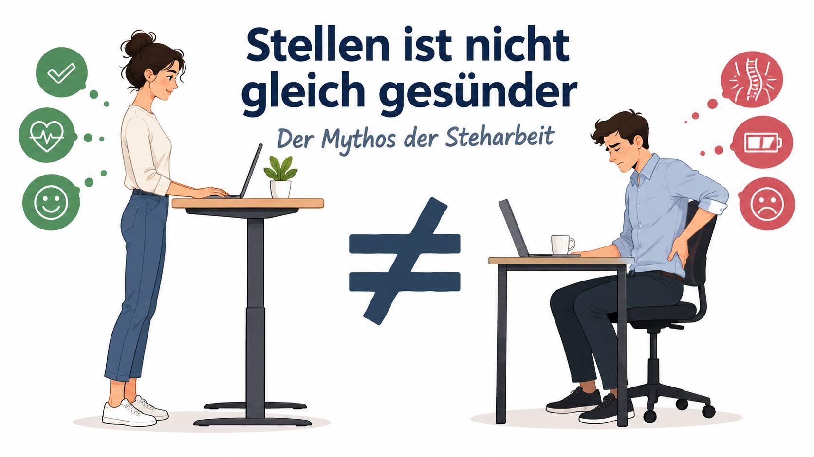 Eine Frau arbeitet an einem höhenverstellbaren Stehpult, während ein Mann mit Rückenschmerzen an einem normalen Schreibtisch sitzt.