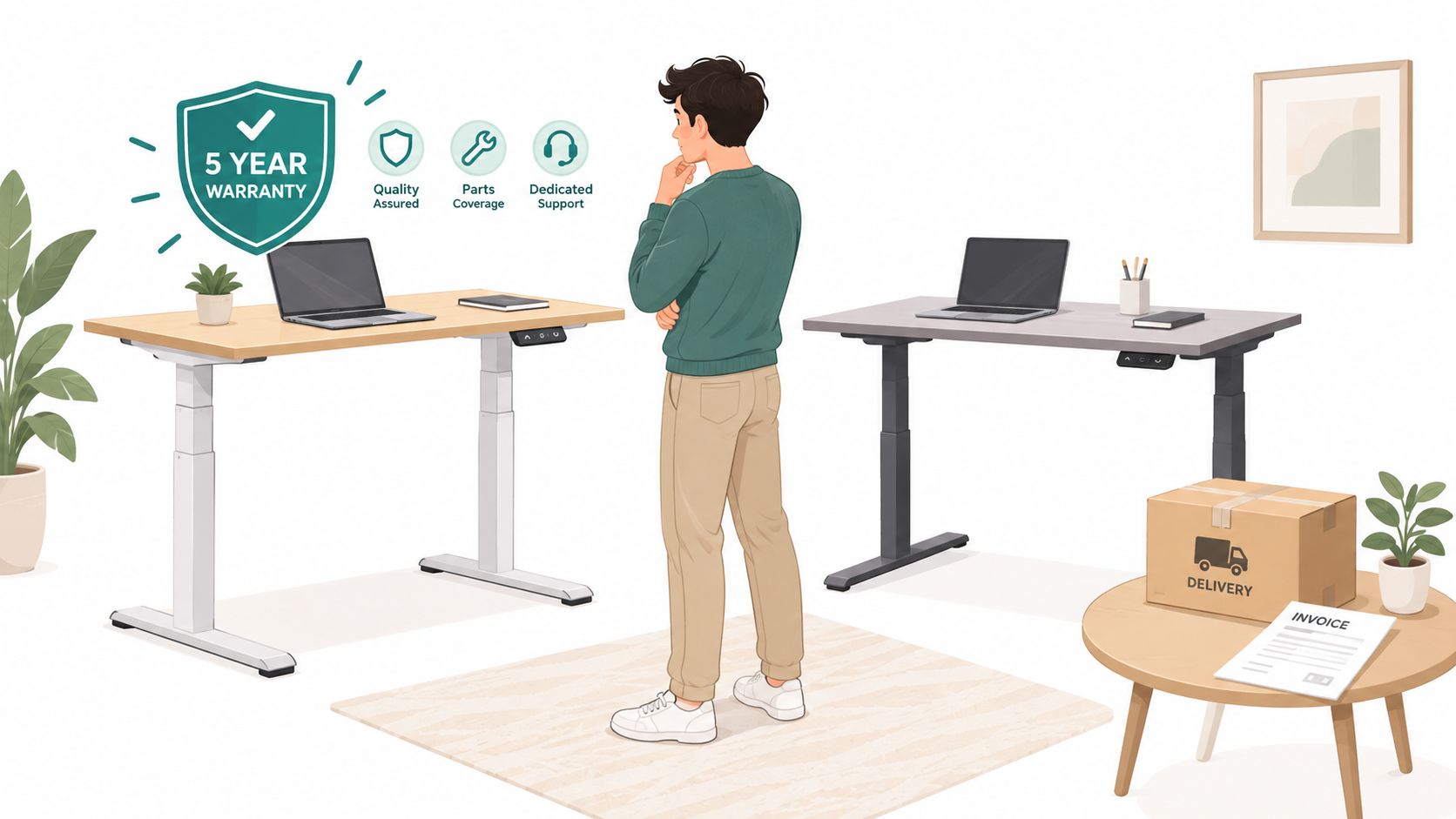 Ein junger Mann überlegt bei der Wahl zwischen zwei elektrisch höhenverstellbaren Computertischen in einem modernen Arbeitszimmer.
