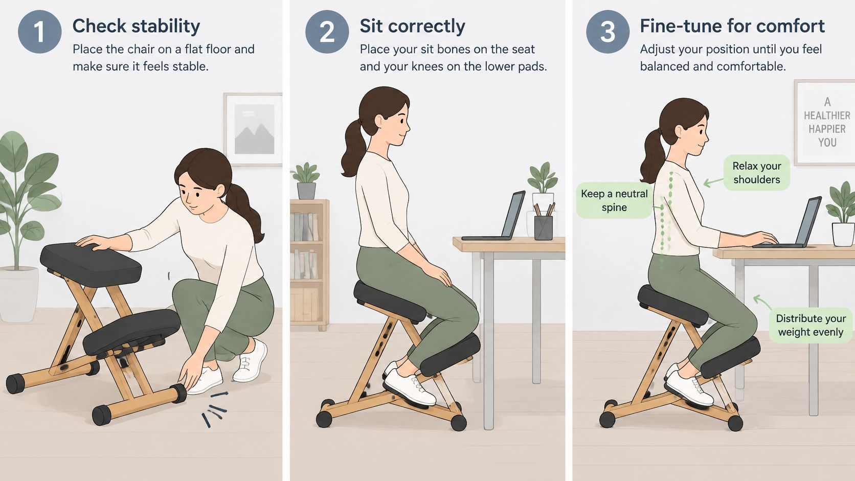 Eine Anleitung in drei Schritten zur korrekten und ergonomischen Nutzung eines knieschonenden Bürostuhls für eine bessere Körperhaltung.