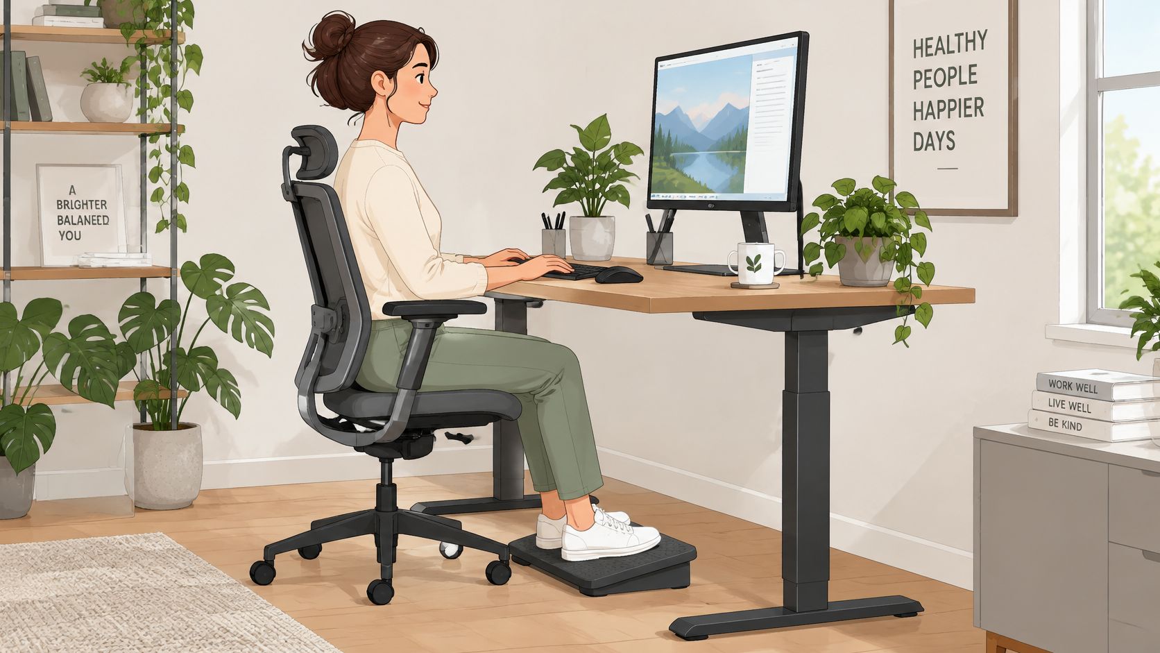 Eine Frau sitzt ergonomisch an einem höhenverstellbaren Schreibtisch aus Holz in einem hellen, modern eingerichteten Homeoffice.