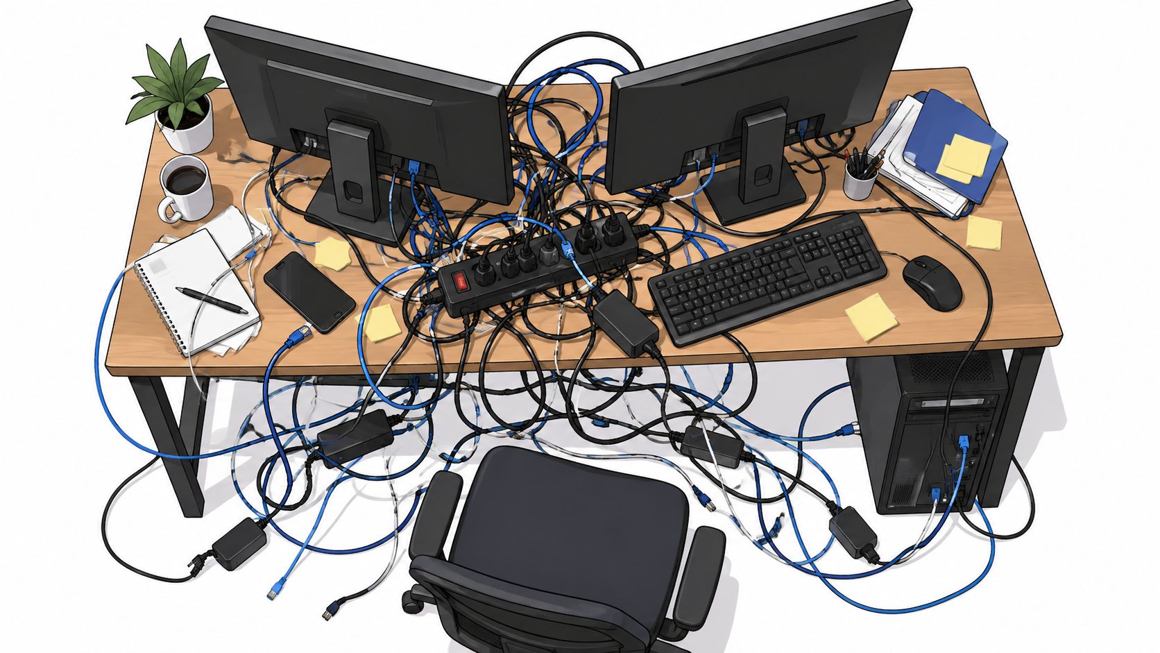 Ein unordentlicher Schreibtisch mit zwei Bildschirmen und einem massiven Kabelsalat aus zahlreichen Computer- und Netzkabeln.
