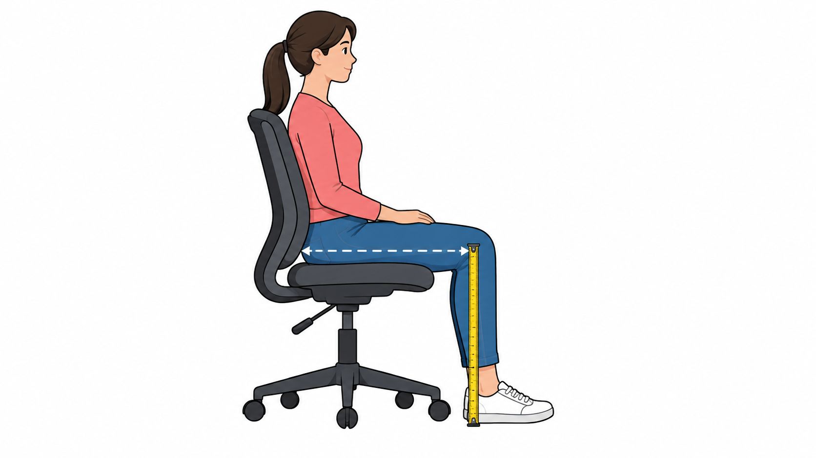 Eine Frau sitzt auf einem ergonomischen Bürostuhl, während ihre Sitzposition mit einem Maßband präzise vermessen wird.