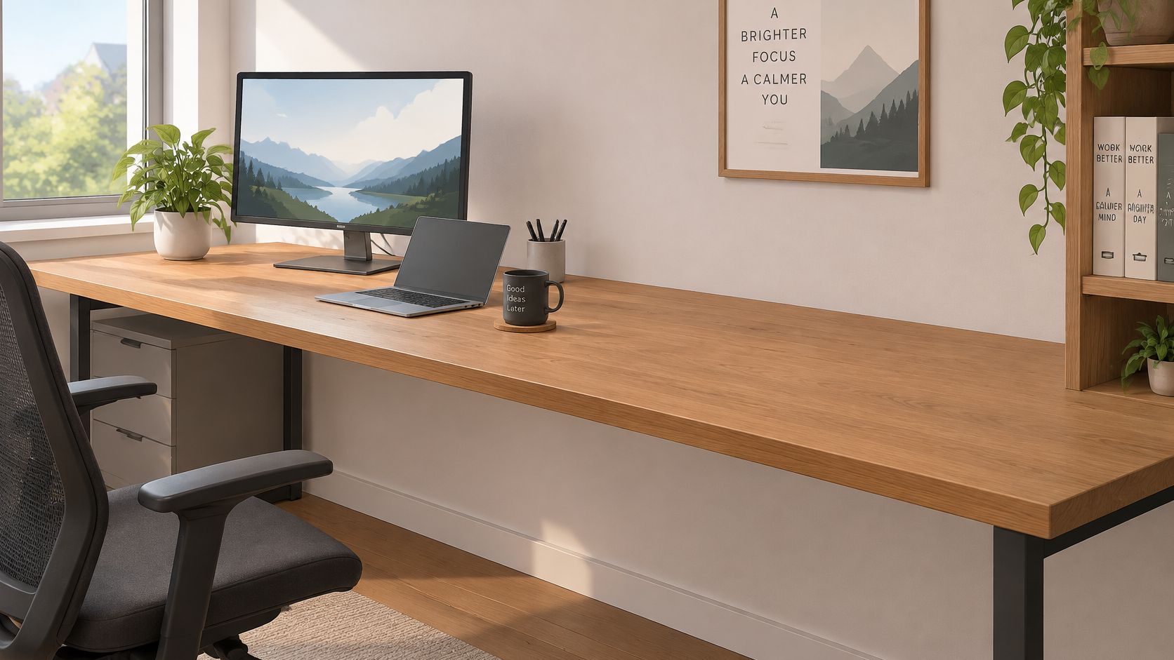 Ein moderner, heller Arbeitsplatz mit einer langen Holzschreibtischplatte, Laptop, Monitor und einer Pflanze am Fenster.