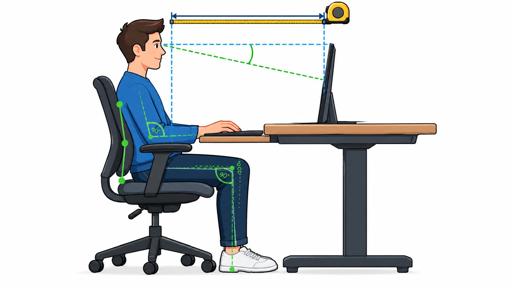 Eine grafische Darstellung der ergonomischen Sitzhaltung am Schreibtisch mit korrekter Ausrichtung von Rücken, Armen und Beinen.