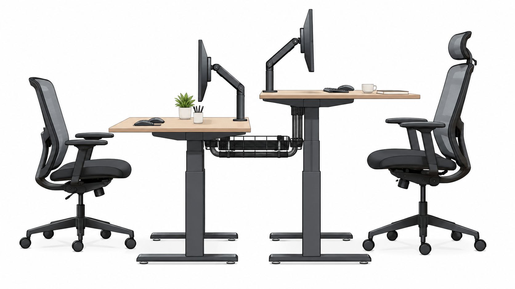 Zwei moderne, höhenverstellbare Schreibtische mit Bürostühlen in einem hellen, professionellen Arbeitsbereich für zwei Personen arrangiert.