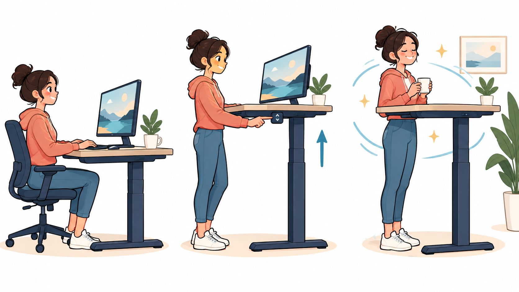 Eine junge Frau nutzt einen höhenverstellbaren Schreibtisch im Sitzen und Stehen für eine ergonomische Arbeitsweise im Büro.
