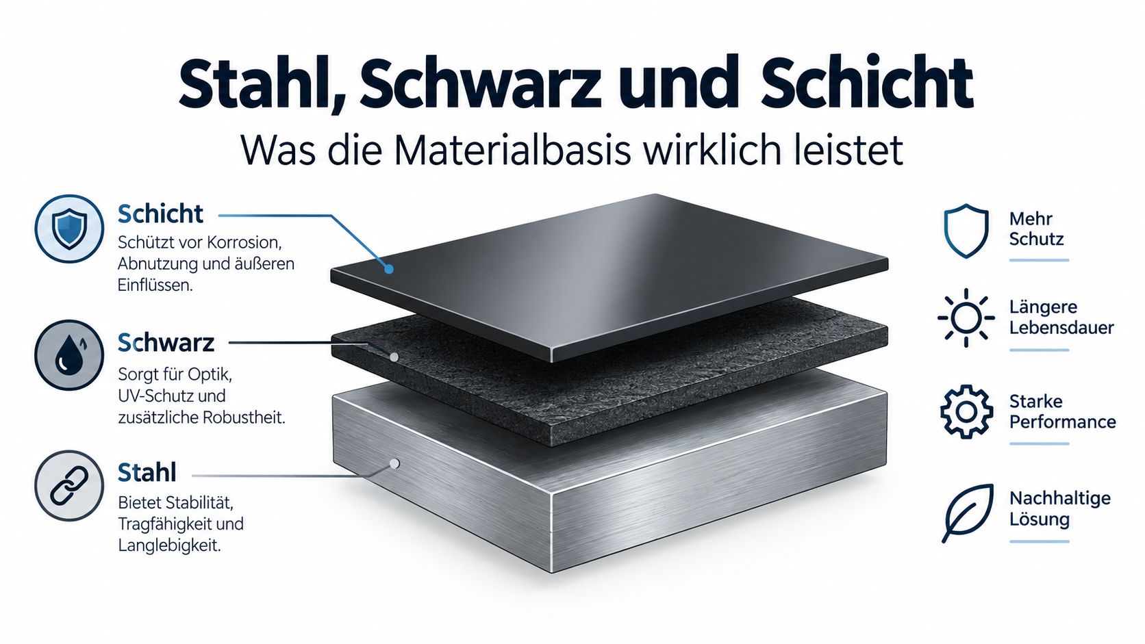 Eine dreischichtige Materialdarstellung aus Stahl, einer schwarzen Schicht und einer Schutzschicht zur Verdeutlichung der Produktvorteile.