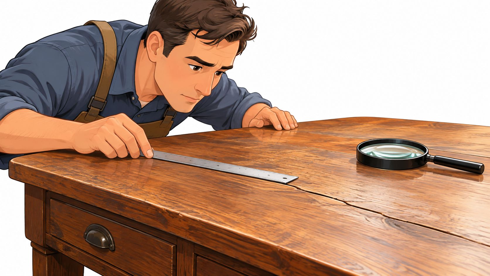 Ein Handwerker untersucht die Oberfläche eines alten Holztisches mit einem Lineal und einer Lupe in seiner Werkstatt.