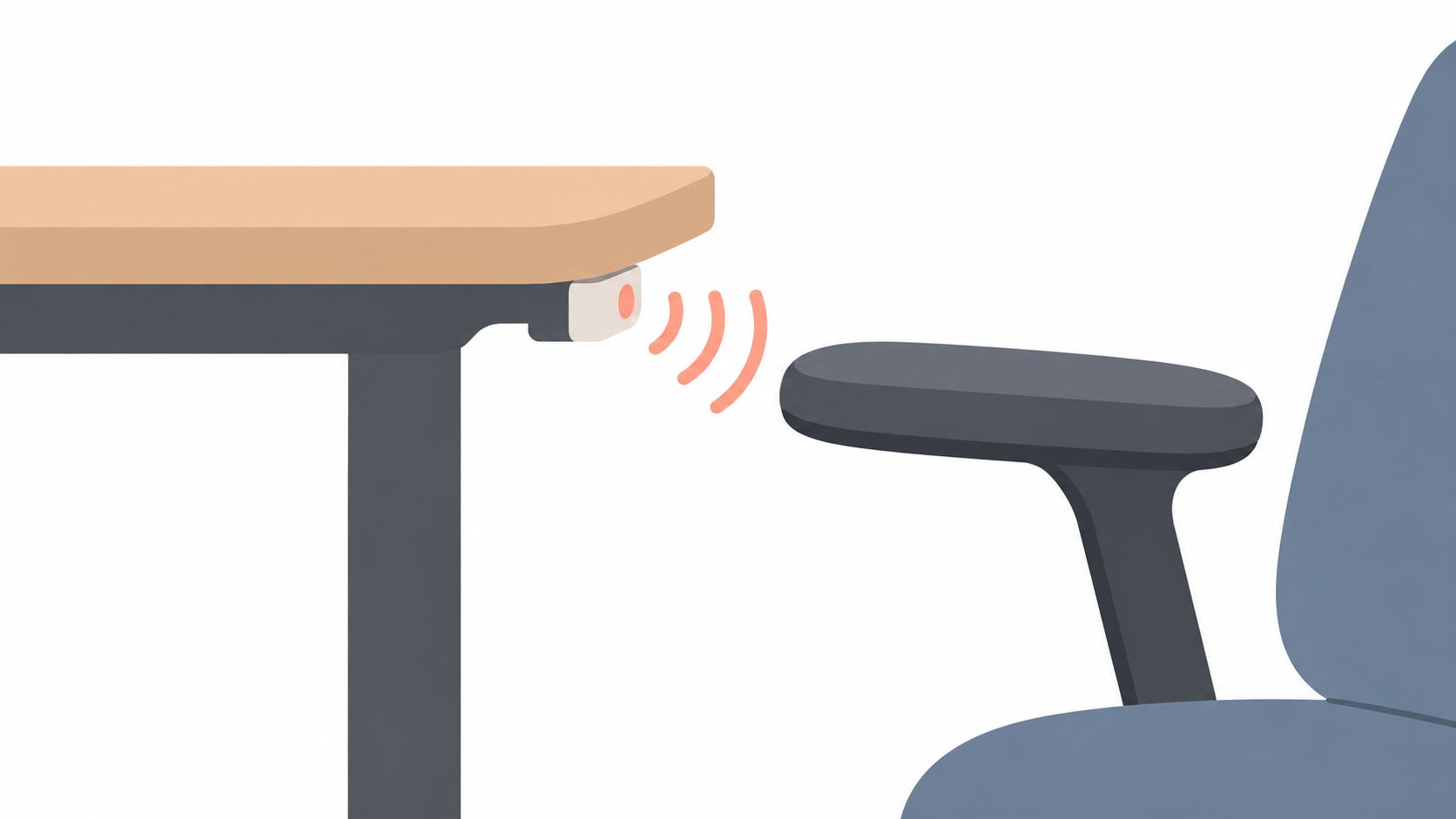 Ein verstellbarer Schreibtisch mit Sensor zur Erkennung eines Bürostuhls für eine ergonomische Arbeitsplatzgestaltung.