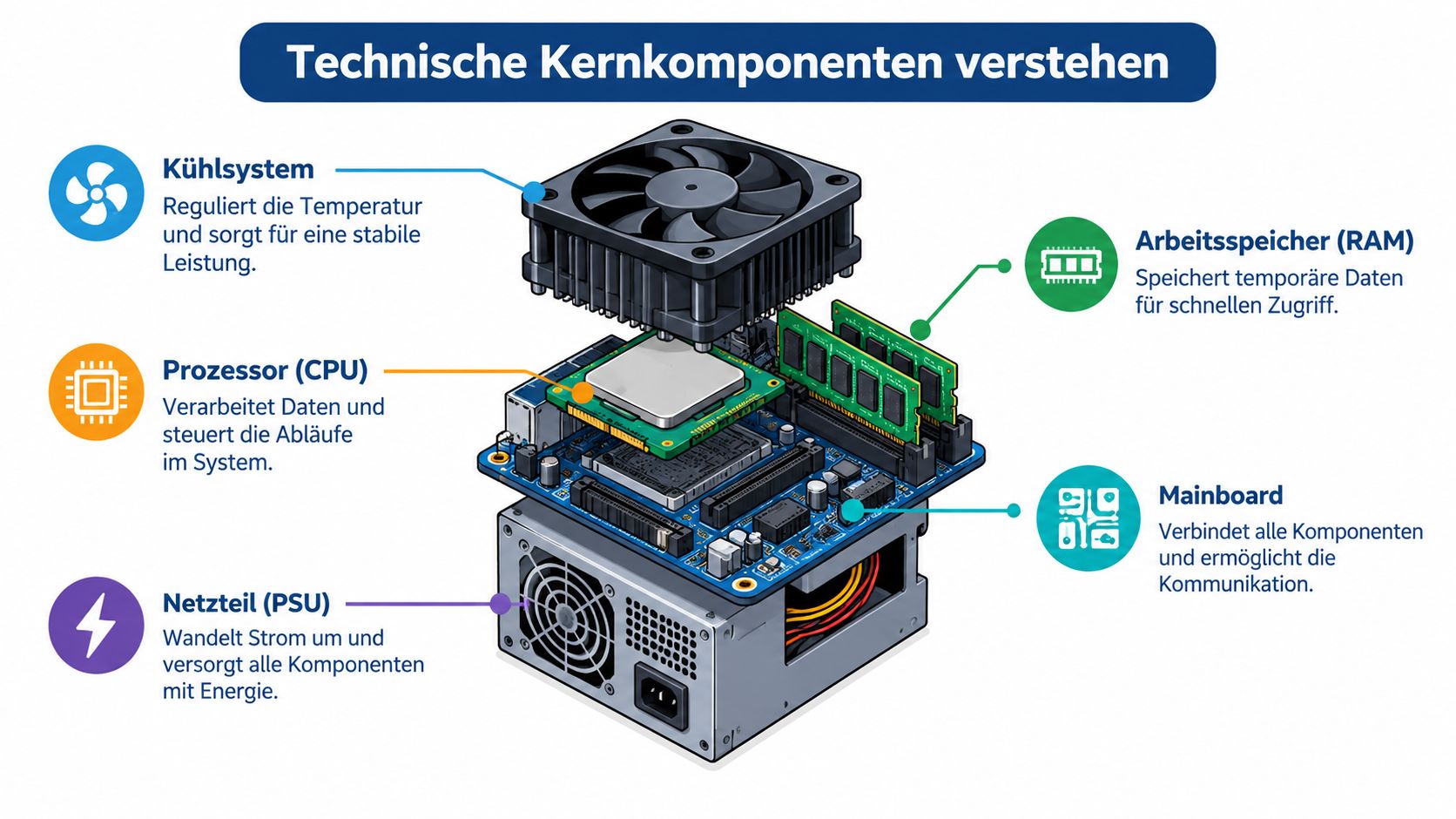 Eine Grafik, die die wichtigsten Kernkomponenten eines Computers wie CPU, RAM, Mainboard, Netzteil und Kühlsystem veranschaulicht.