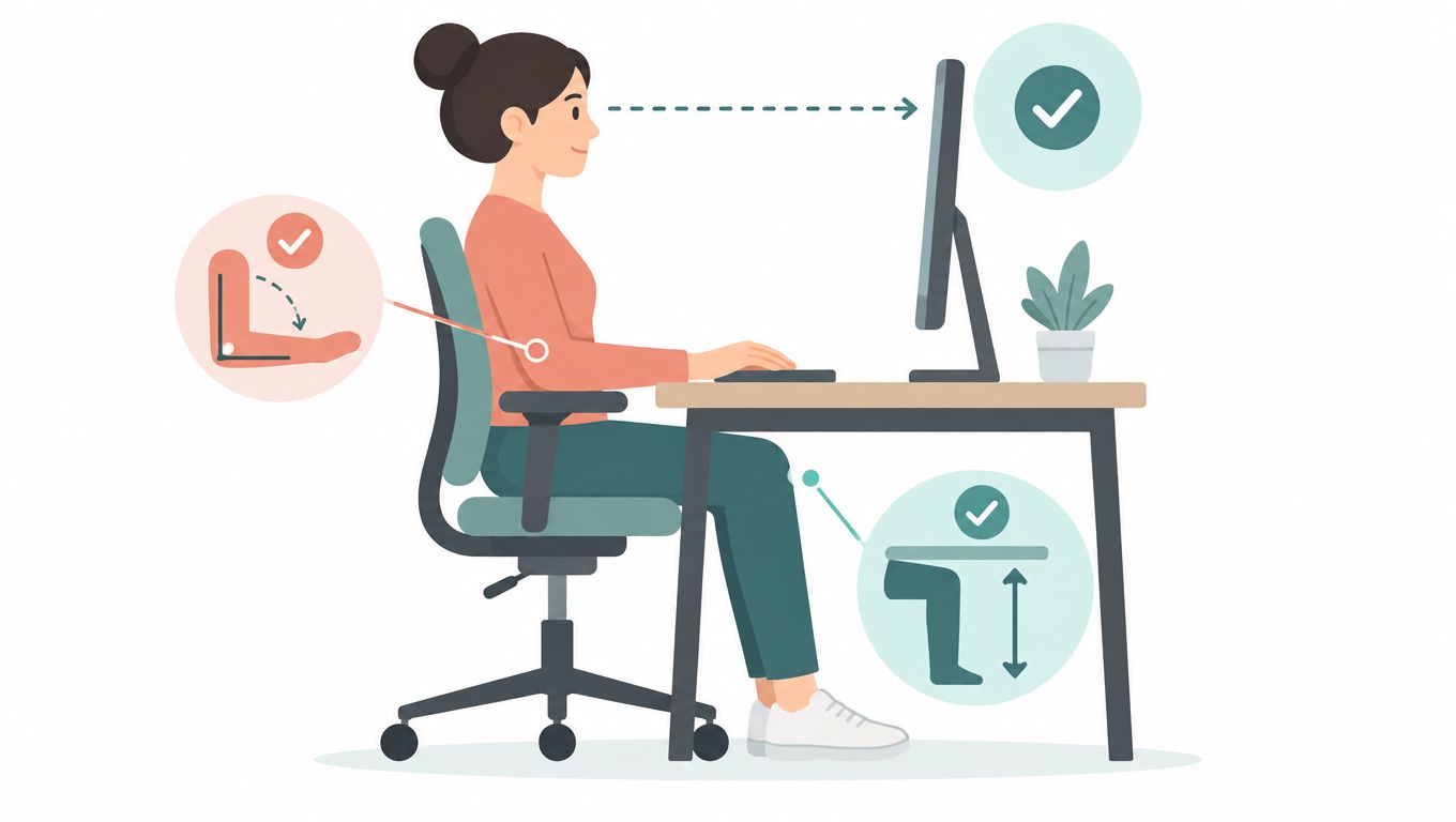 Eine Frau sitzt in der idealen ergonomischen Haltung an einem Schreibtisch mit Blick auf den Computerbildschirm.