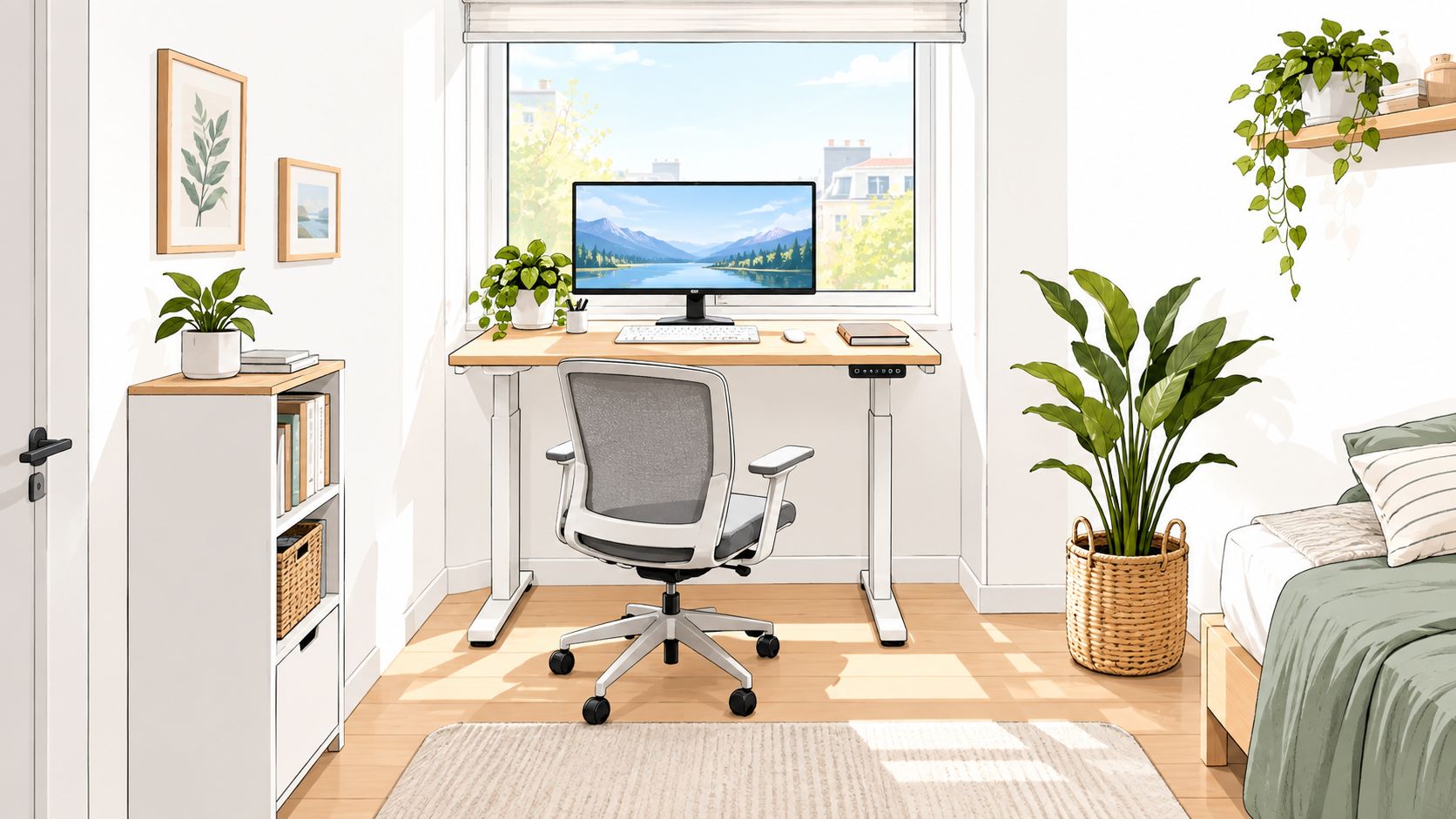 Ein moderner, höhenverstellbarer Schreibtisch mit Computer und Bürostuhl in einem hellen, freundlich eingerichteten Home-Office mit Pflanzen.