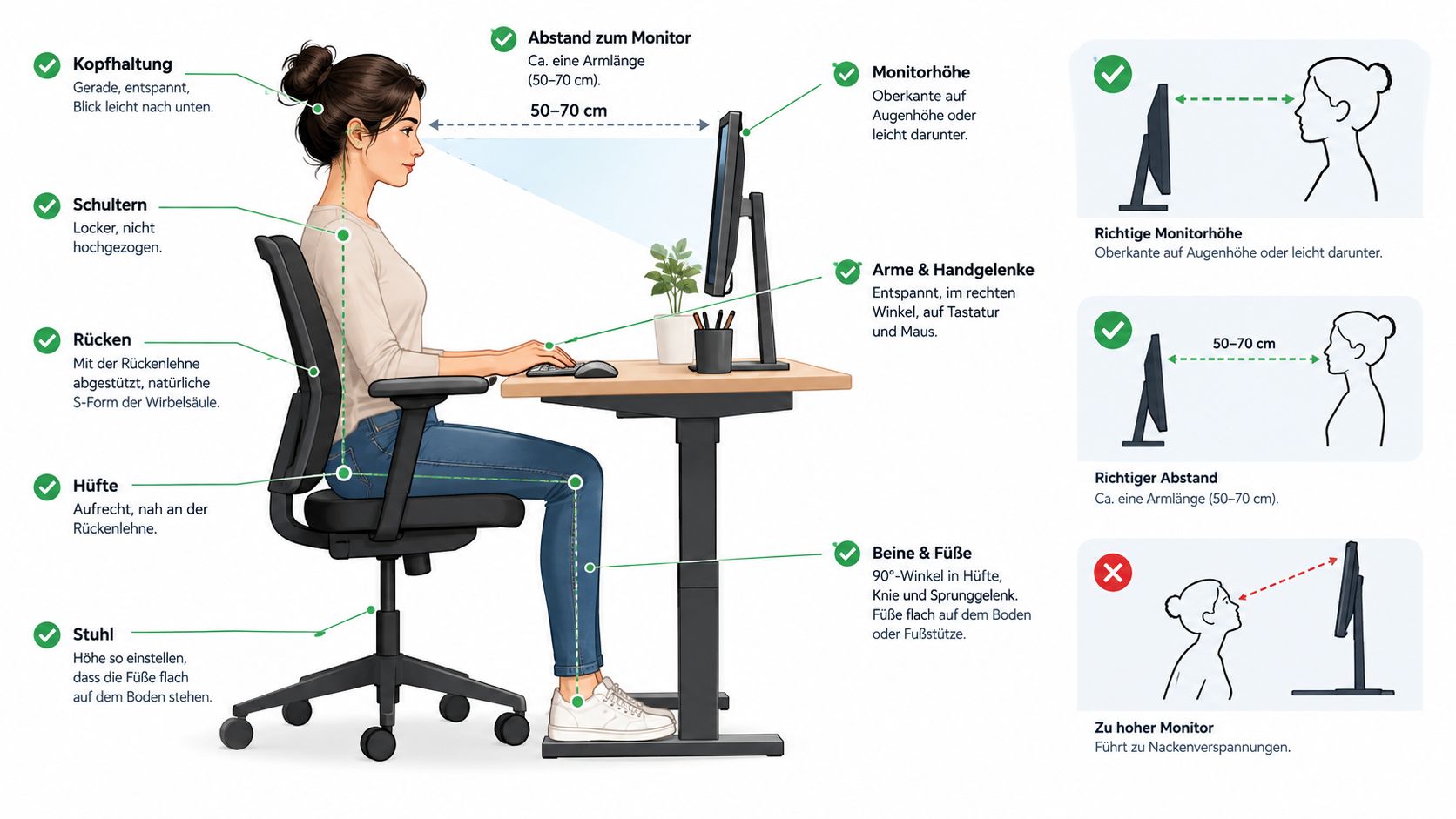 Eine Infografik zur korrekten, ergonomischen Sitzhaltung am Schreibtisch mit Tipps für Monitorabstand, Stuhlhöhe und Körperhaltung.