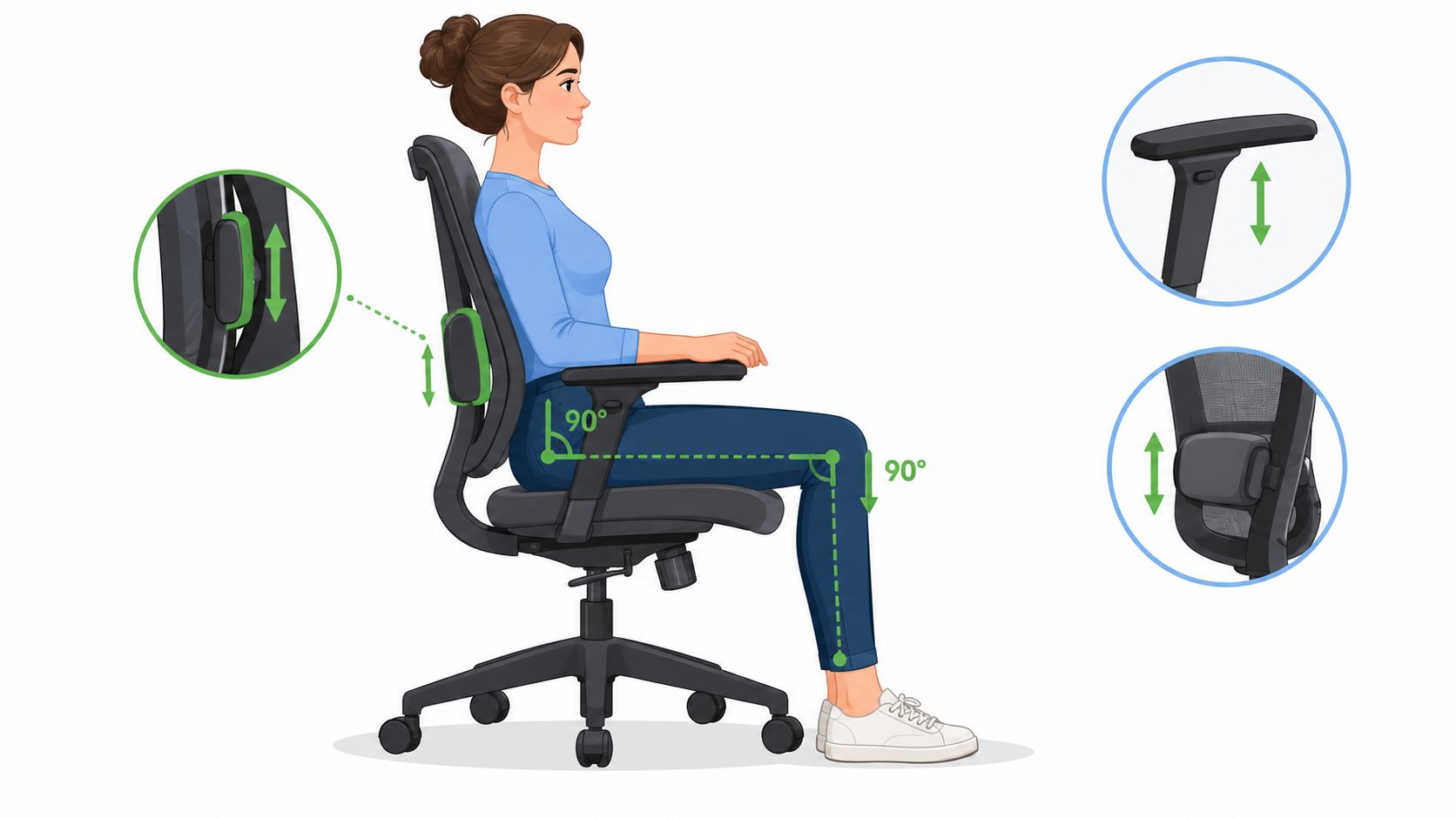 Eine Frau sitzt korrekt auf einem ergonomischen Bürostuhl mit sichtbaren Verstellmöglichkeiten für eine gesunde Körperhaltung im Büro.