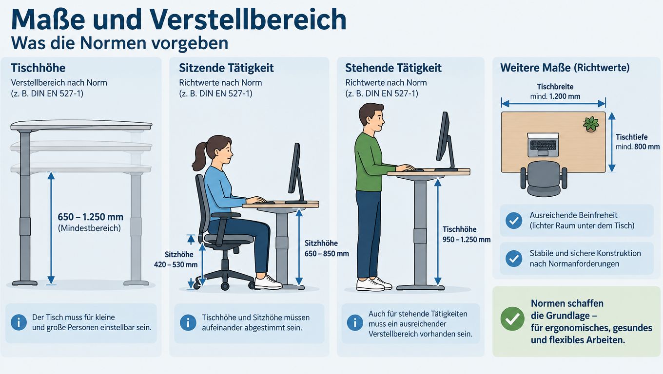Infografik zeigt die normgerechten Maße und Verstellbereiche für elektrisch höhenverstellbare Schreibtische im Sitzen und Stehen.