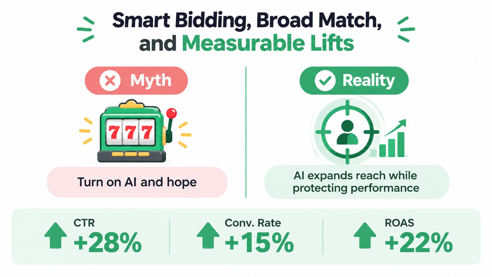 A visual comparison infographic showing that Google Ads AI increases performance metrics like CTR, conversion rate, and ROAS.
