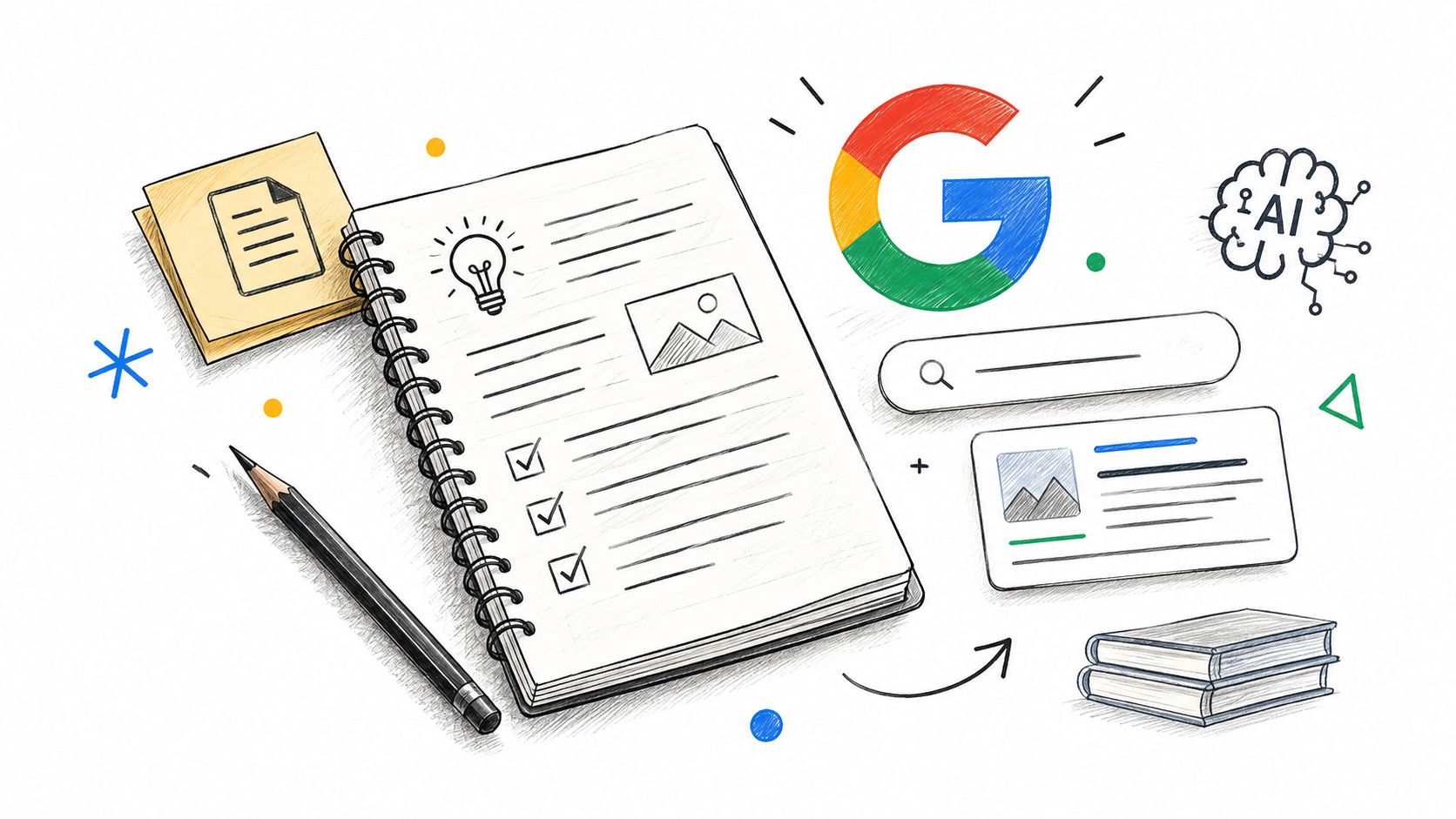 A sketched illustration showing a notebook, pencil, Google logo, search bar, and AI icon.