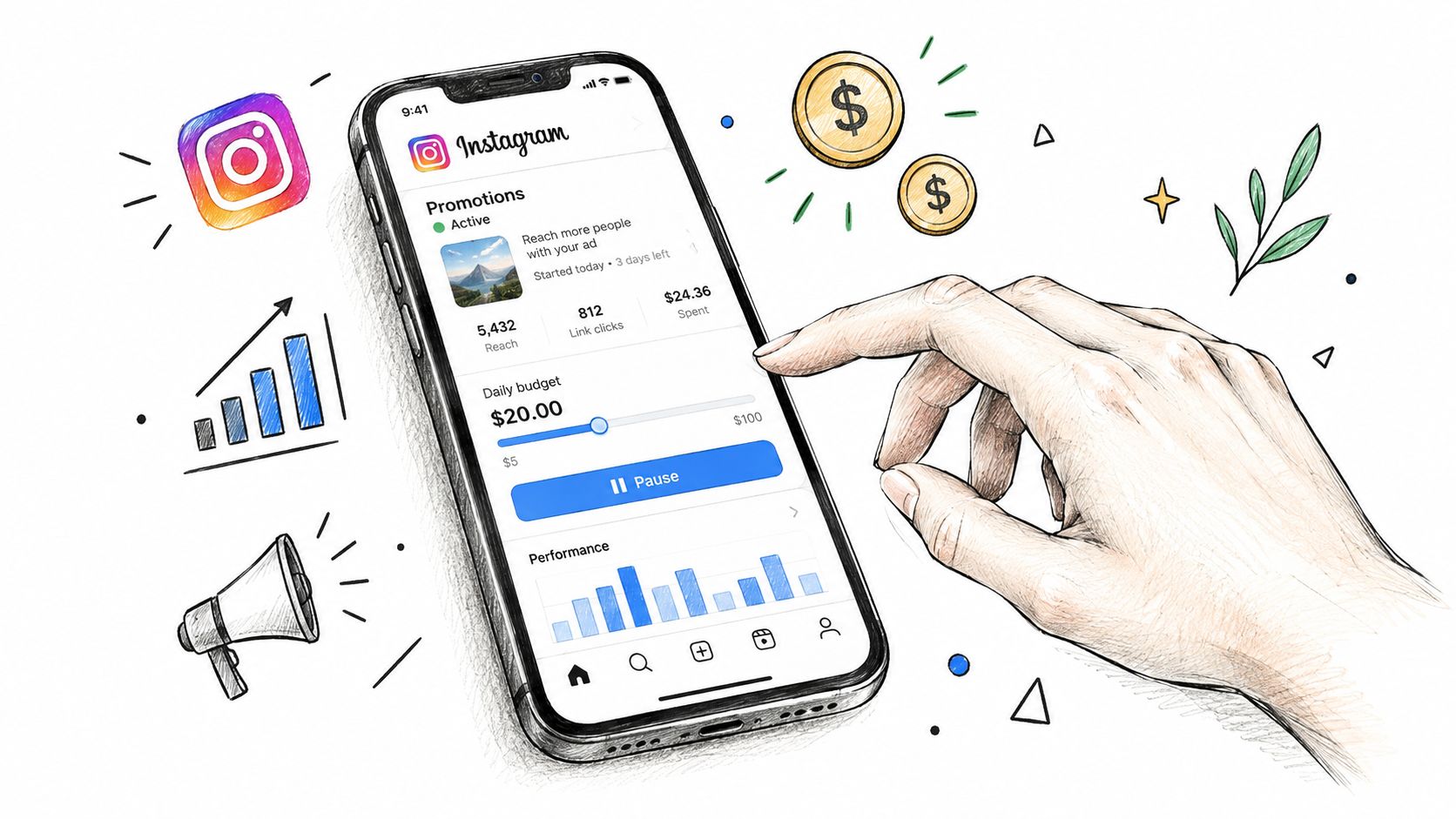 A hand interacting with an Instagram promotional ad dashboard on a smartphone screen, surrounded by marketing icons.