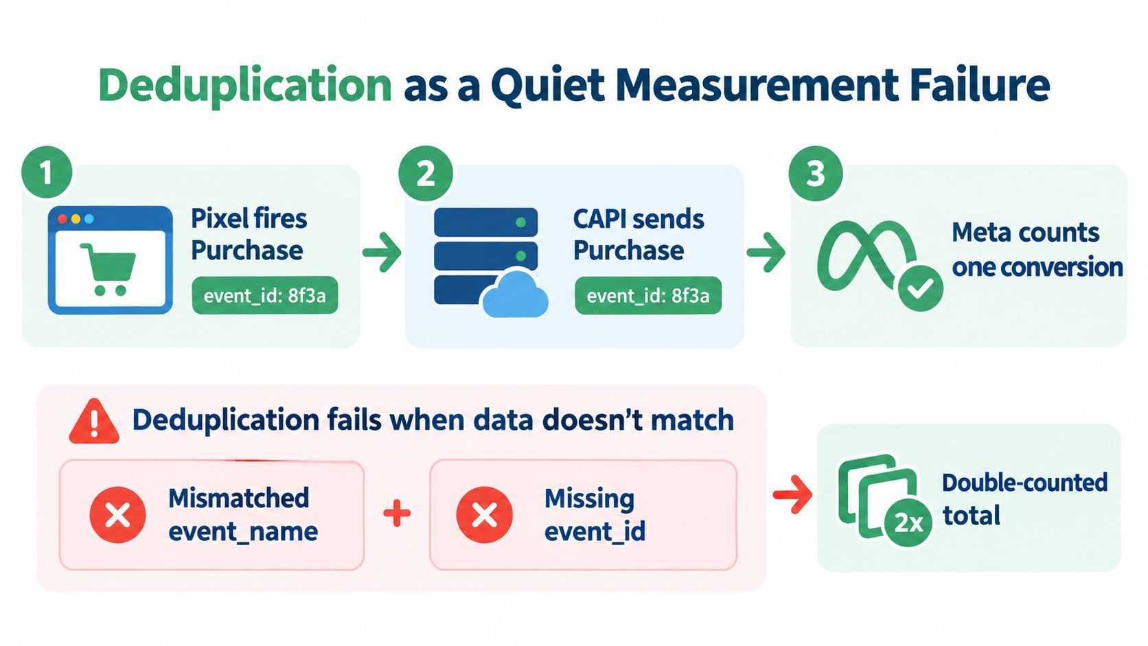 A diagram illustrating how Facebook conversions API and pixel deduplication issues can result in double-counted conversion data.