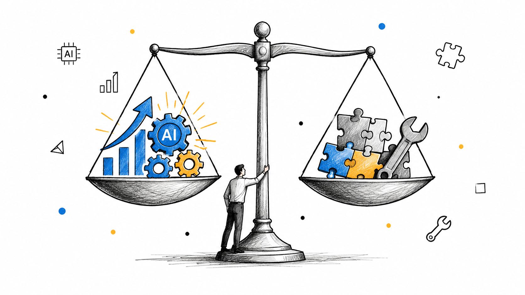 A person balancing scales with AI-driven growth icons on one side and manual problem-solving tools on the other.