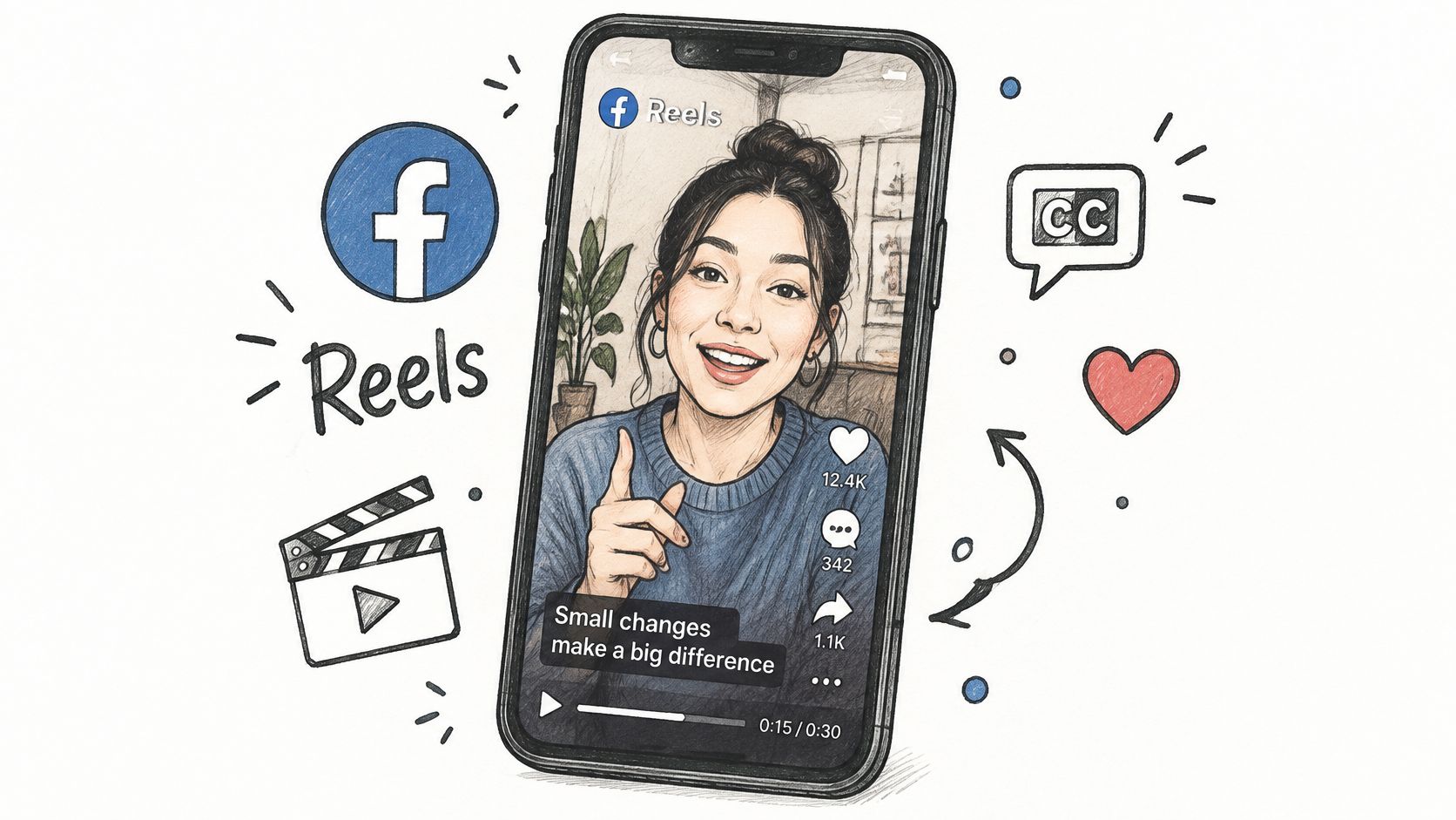 A hand-drawn illustration of a smartphone displaying a Facebook Reel featuring a woman speaking with captions.