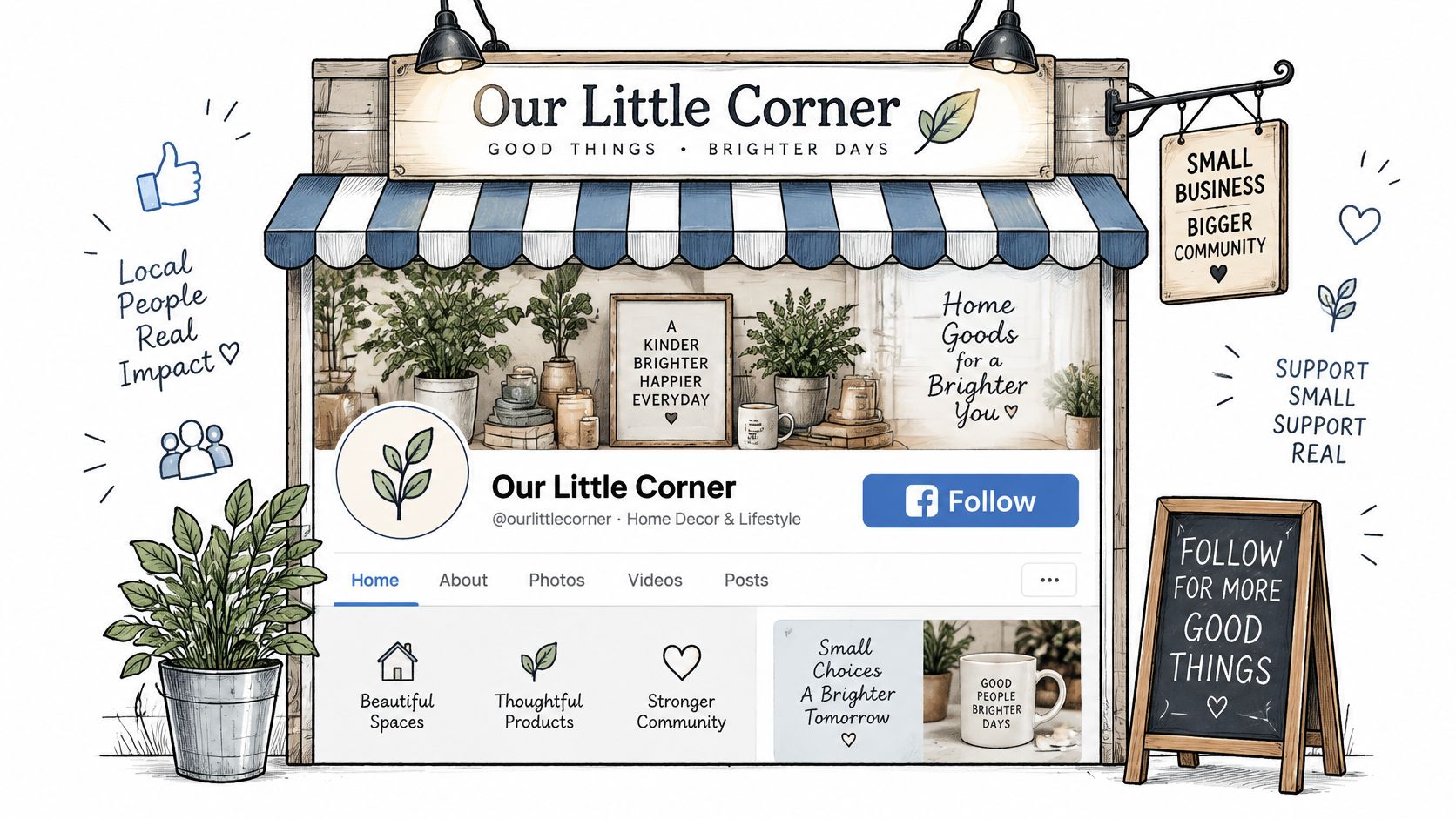 An illustrated shop front representing a Facebook page for Our Little Corner home decor and lifestyle brand.