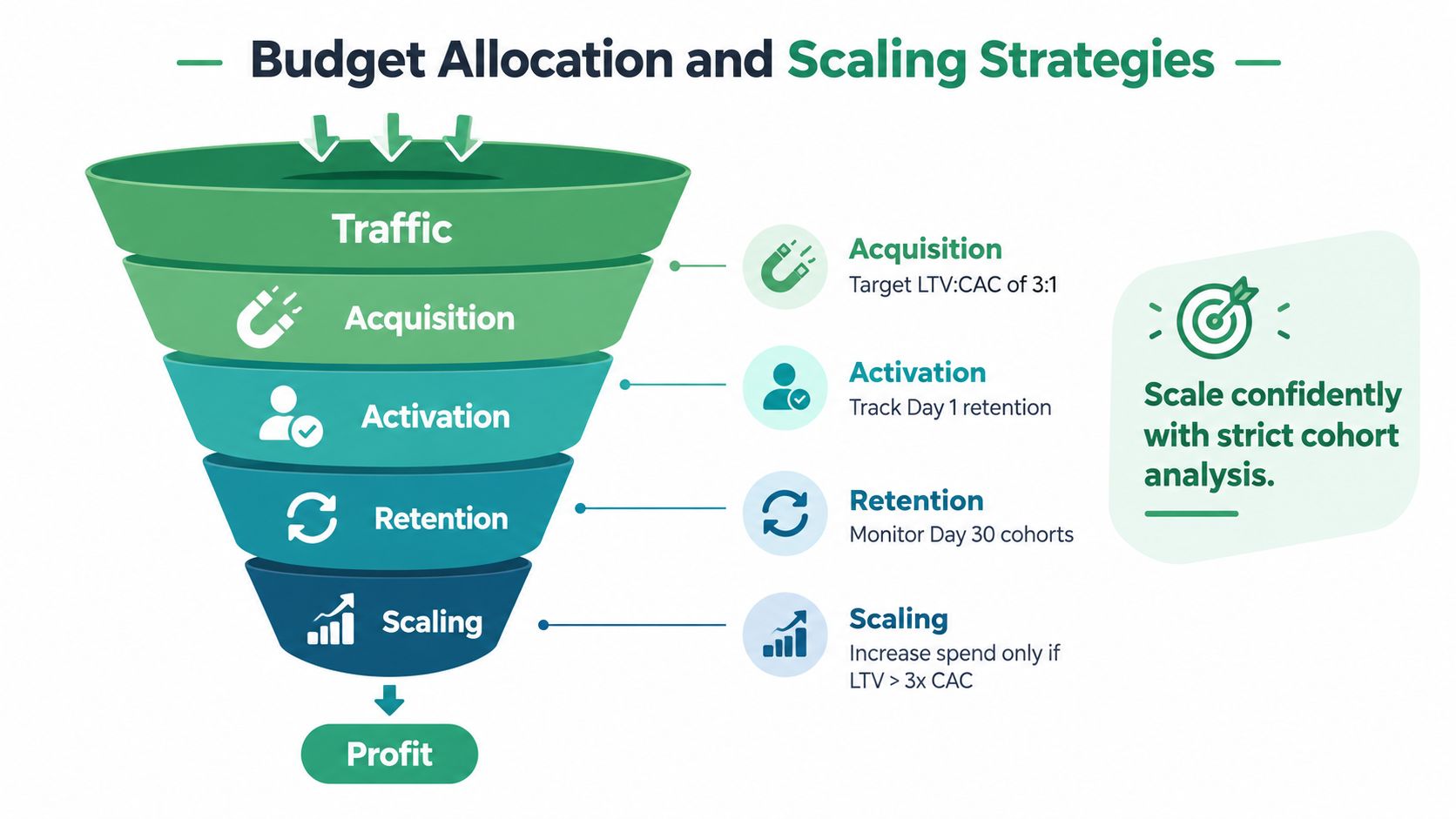 A funnel diagram illustrating digital marketing budget allocation and scaling strategies to achieve business profit.