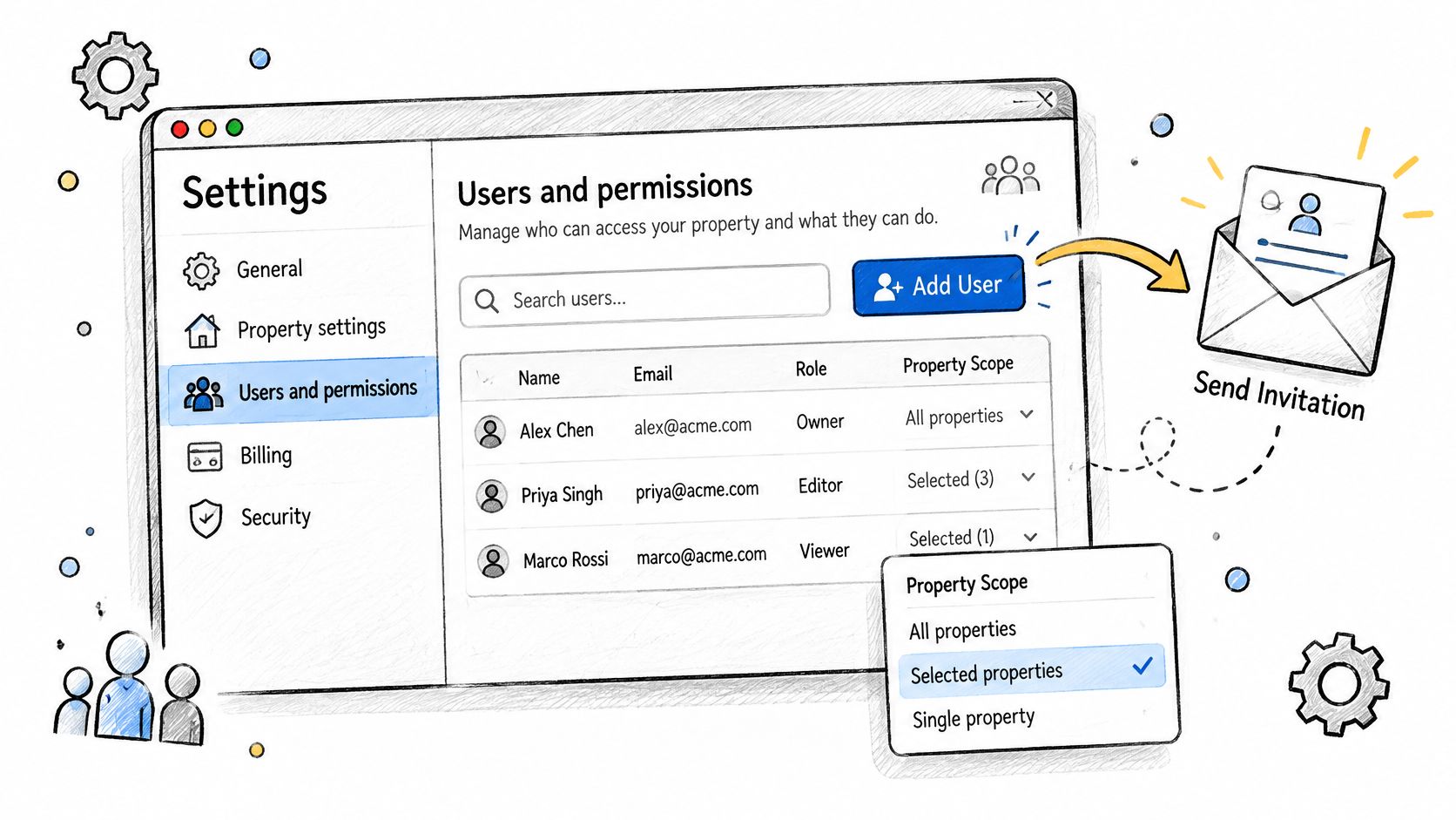 A diagram illustrating the interface for managing user permissions and sending access invitations within a digital platform.