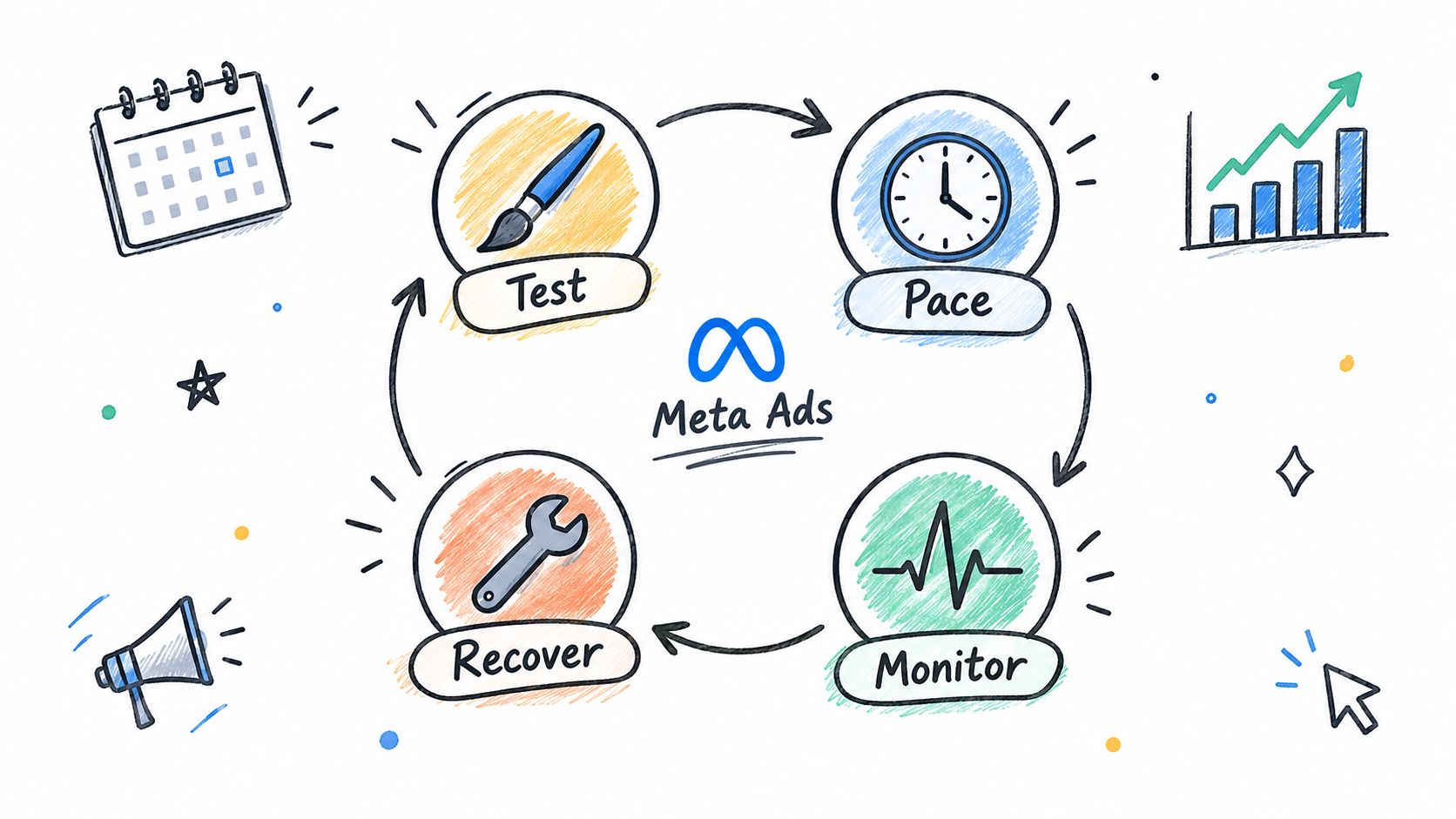 A hand-drawn illustration showing a four-step Meta Ads optimization process: Test, Pace, Monitor, and Recover.