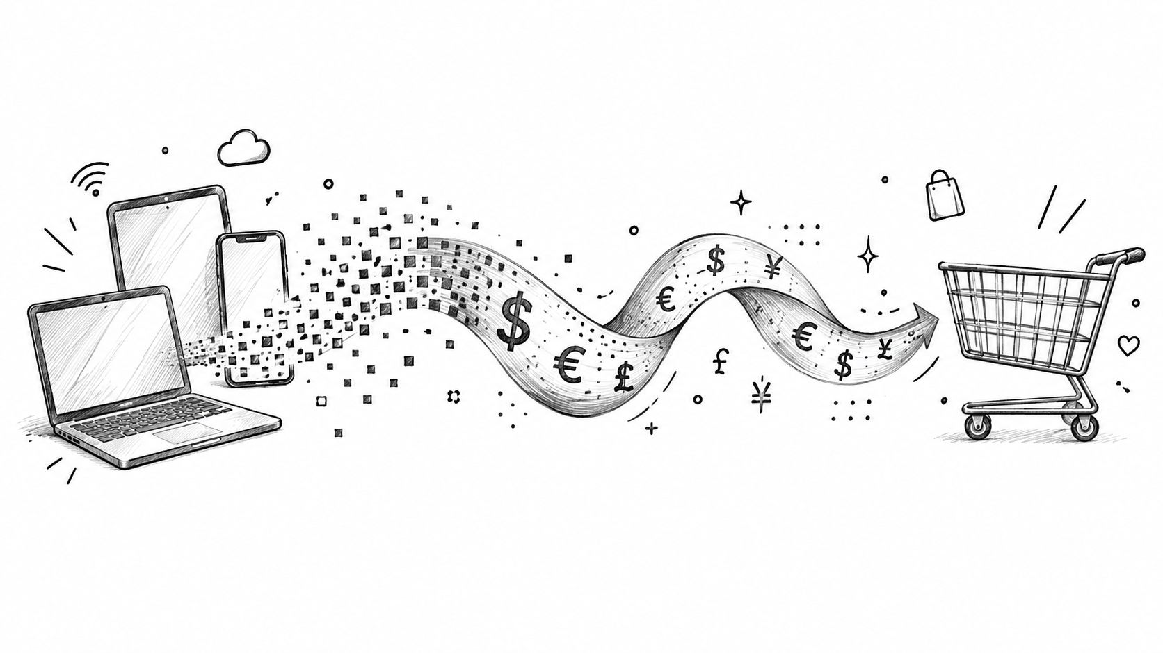 A hand-drawn sketch illustrating digital online shopping with devices, currency symbols, and a shopping cart.